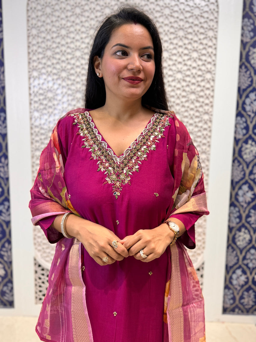Wine Roman silk suit with hand embroidered neck and floral dupatta