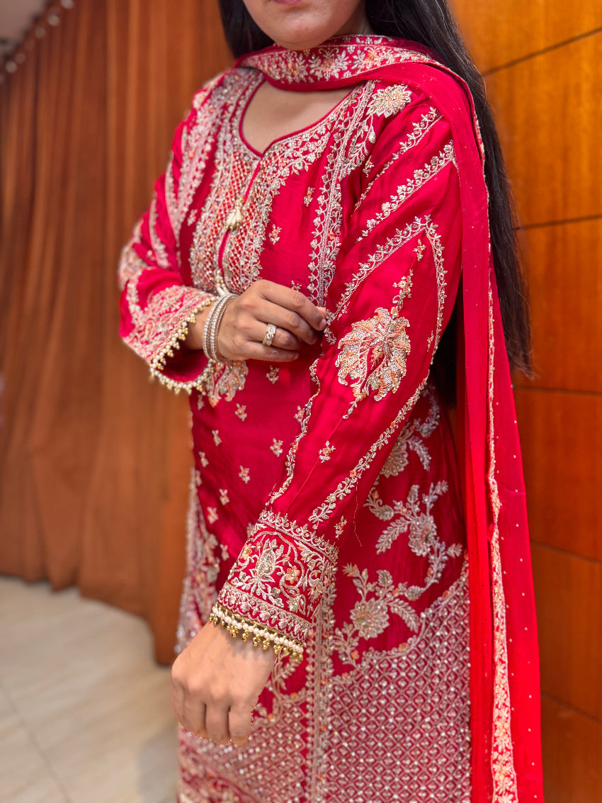 Red heavy gharara suit set with hand work detailing