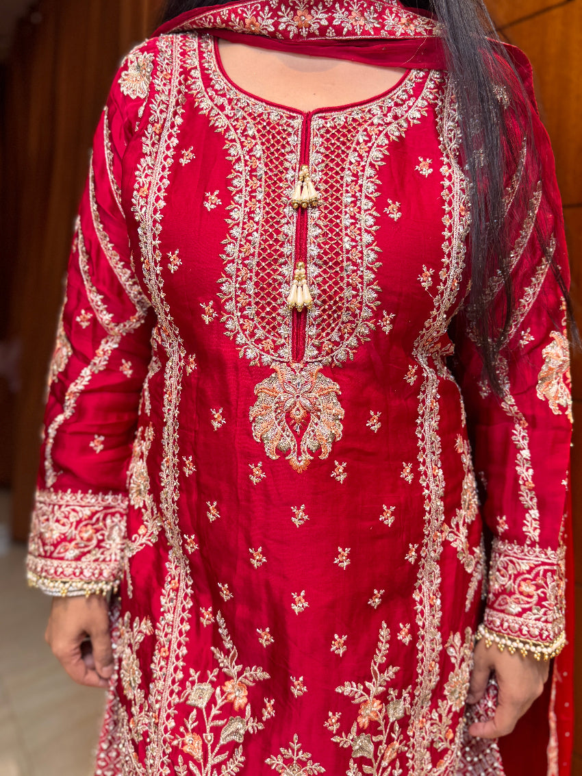 Red heavy gharara suit set with hand work detailing