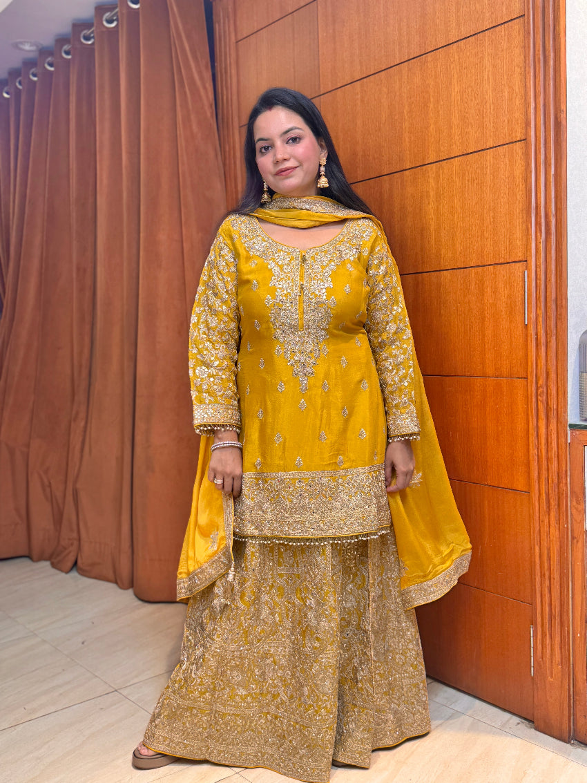 Mustard kurta with heavily Embroidered skirt,sleeves and dupatta