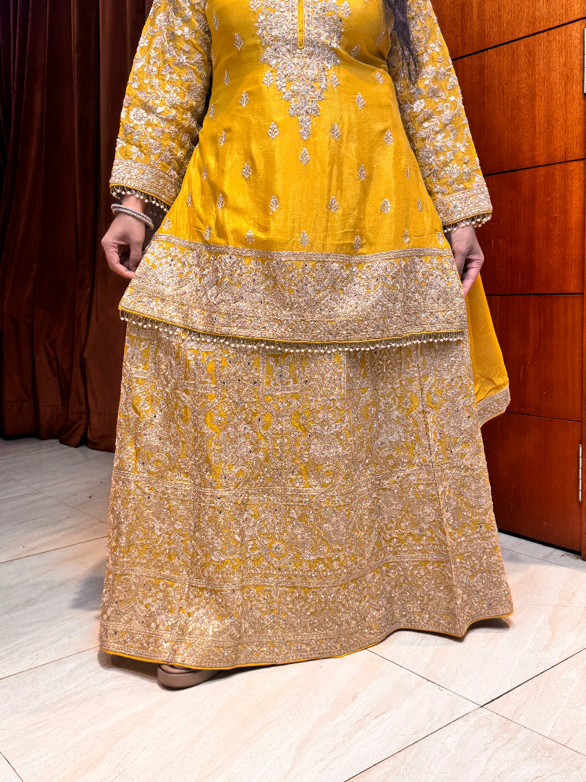 Mustard kurta with heavily Embroidered skirt,sleeves and dupatta