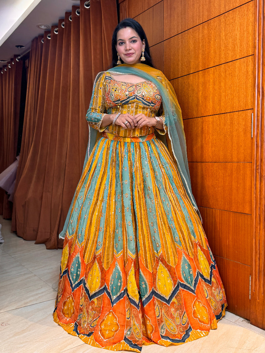 Multi color corset style lehenga with mirror and sequin detailing