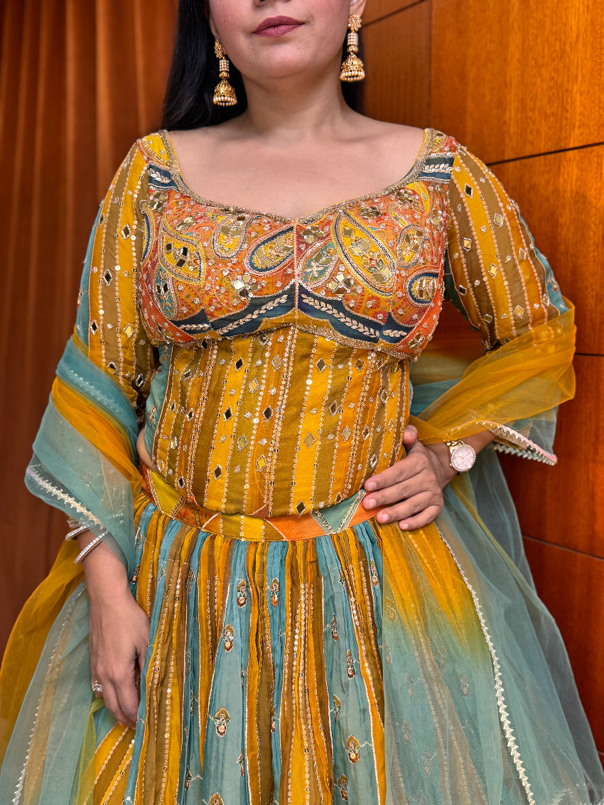 Multi color corset style lehenga with mirror and sequin detailing