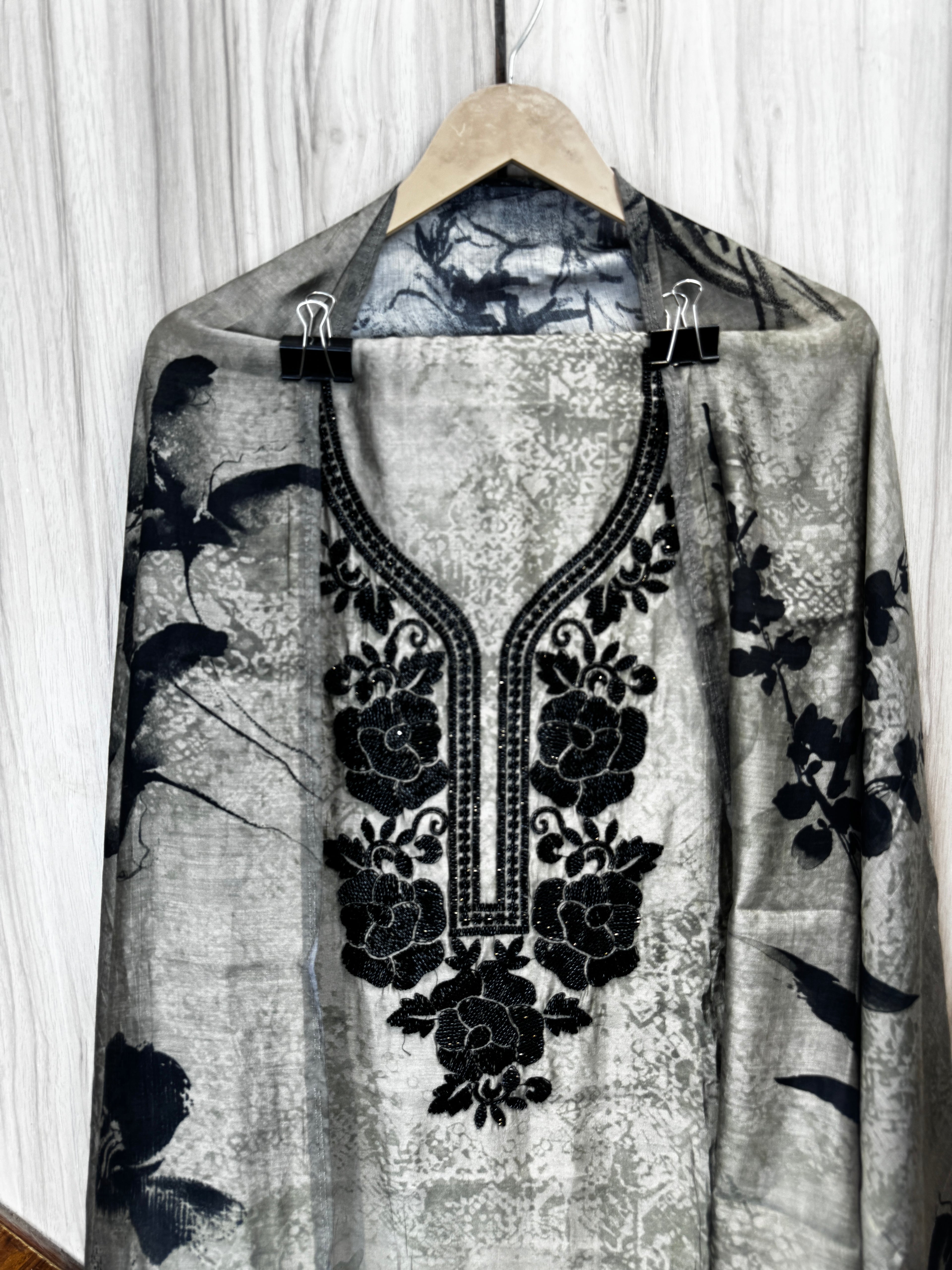 Charcoal Bloom Printed Embroidered Unstitched Suit