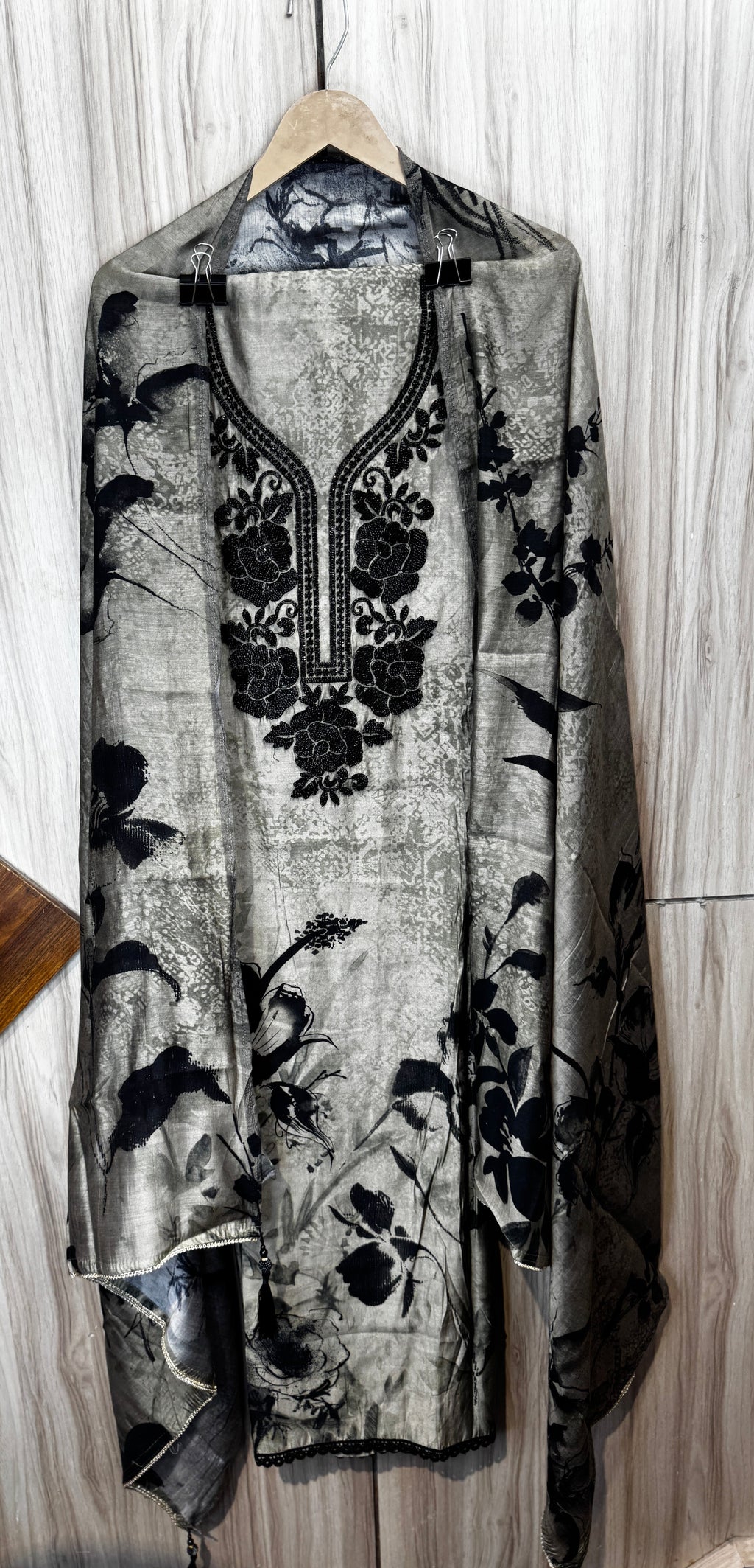 Charcoal Bloom Printed Embroidered Unstitched Suit