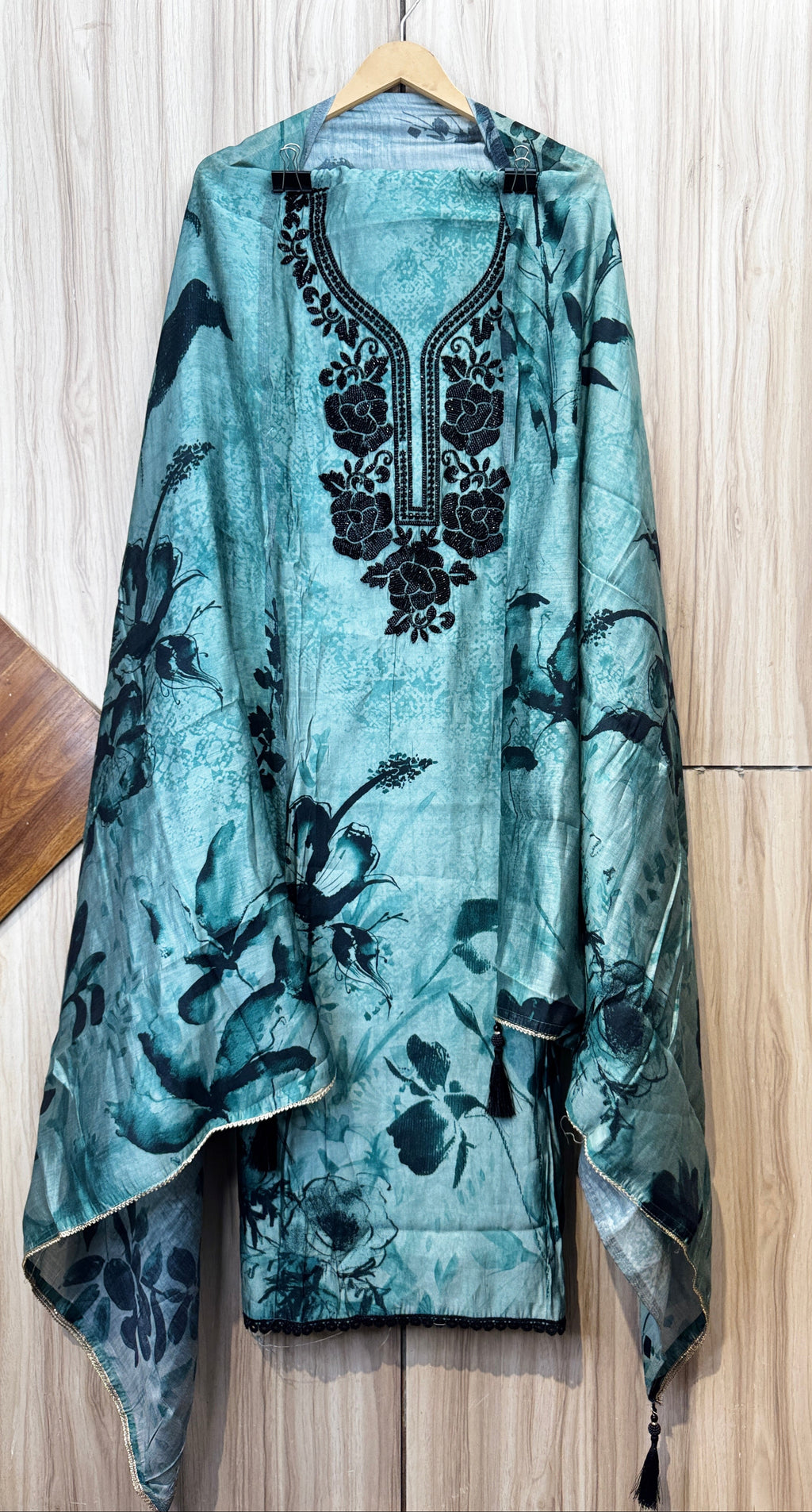Aqua Blue Bloom Printed Embroidered Unstitched Suit