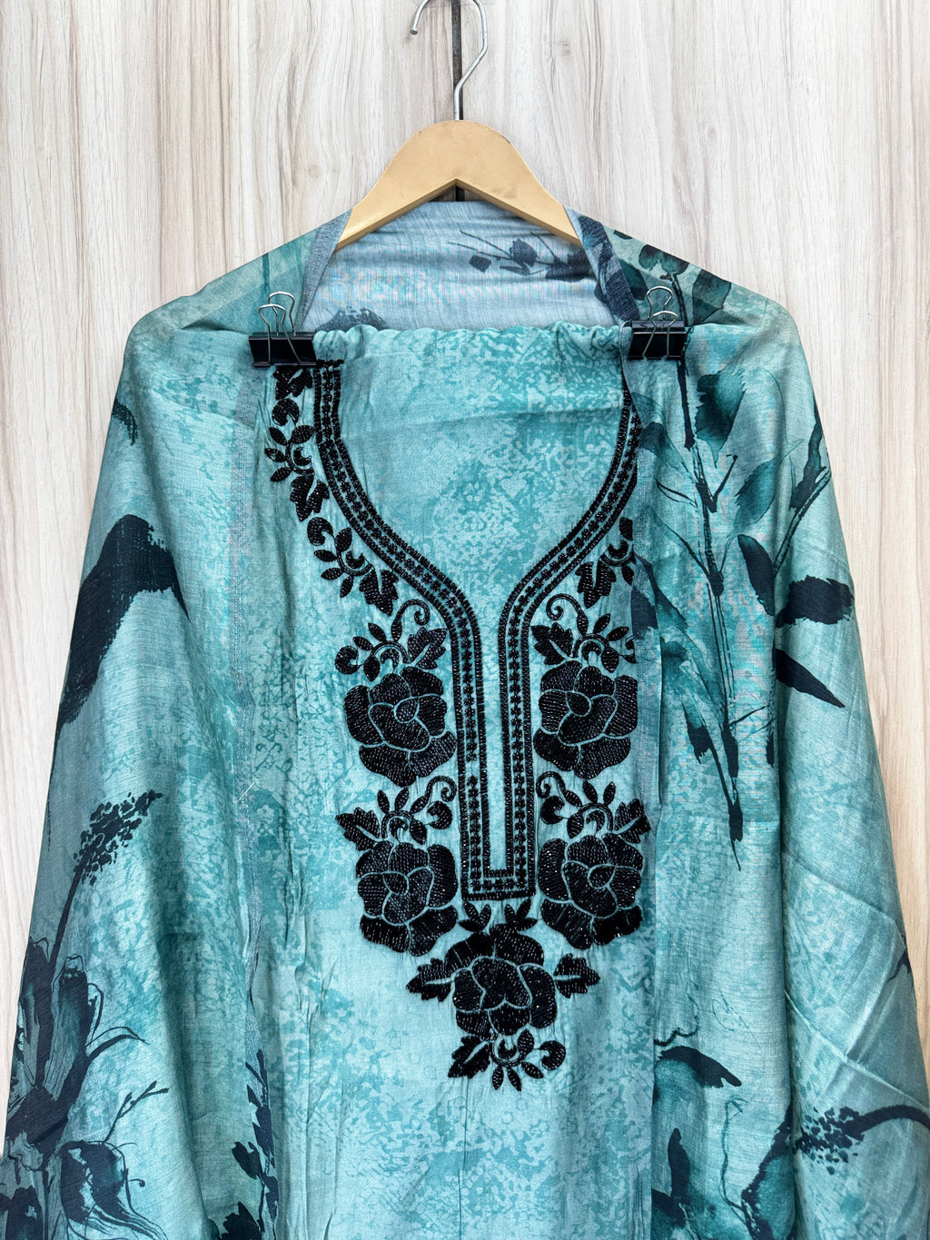 Aqua Blue Bloom Printed Embroidered Unstitched Suit