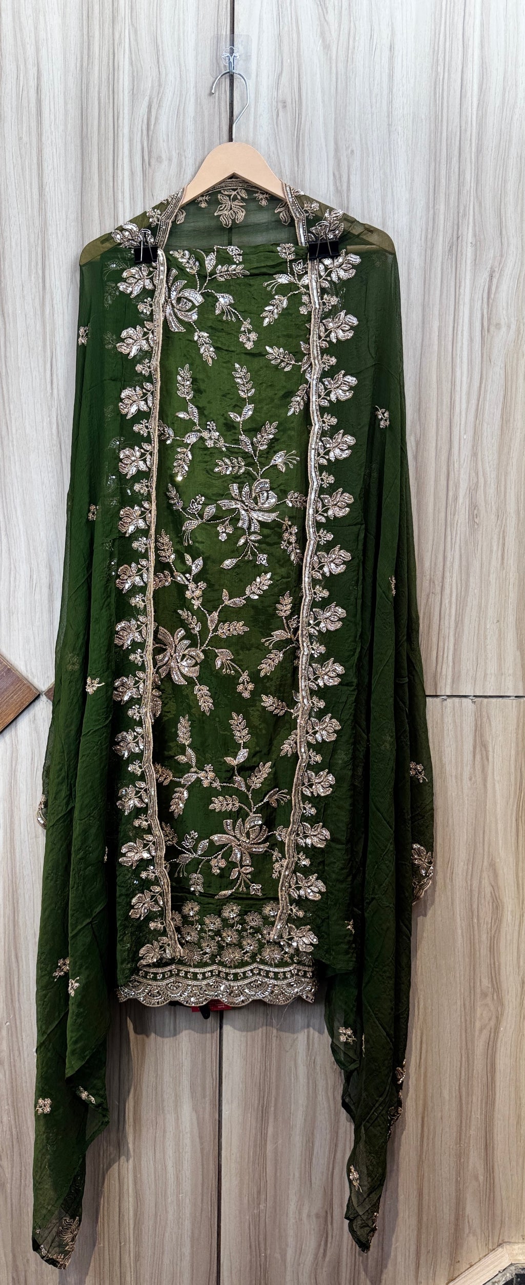 Bottle Green Zari Floral Embroidered Chinon Unstitched Suit Set