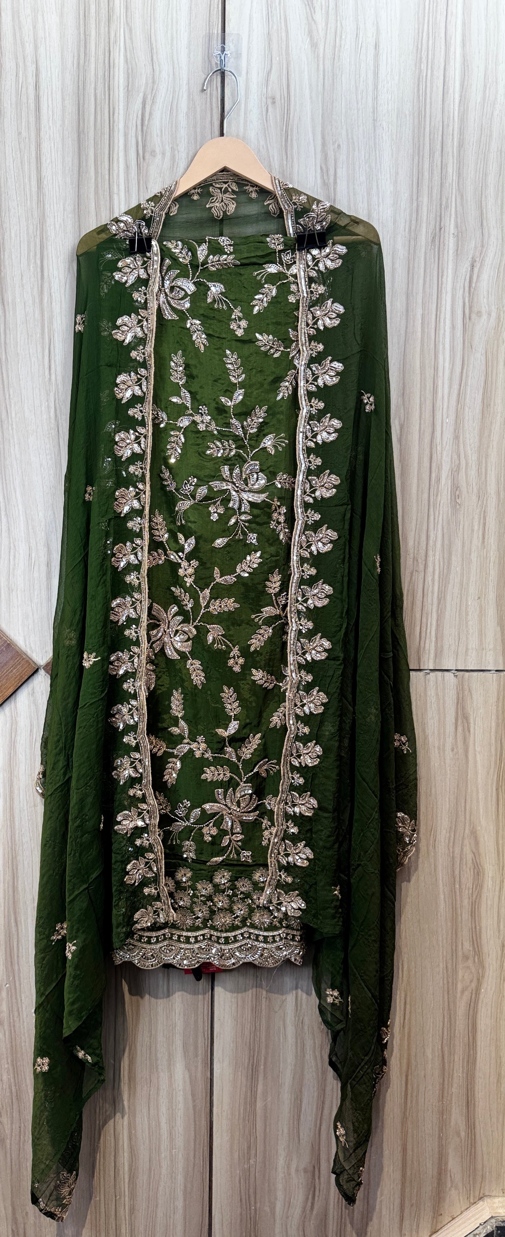 Bottle Green Zari Floral Embroidered Chinon Unstitched Suit Set
