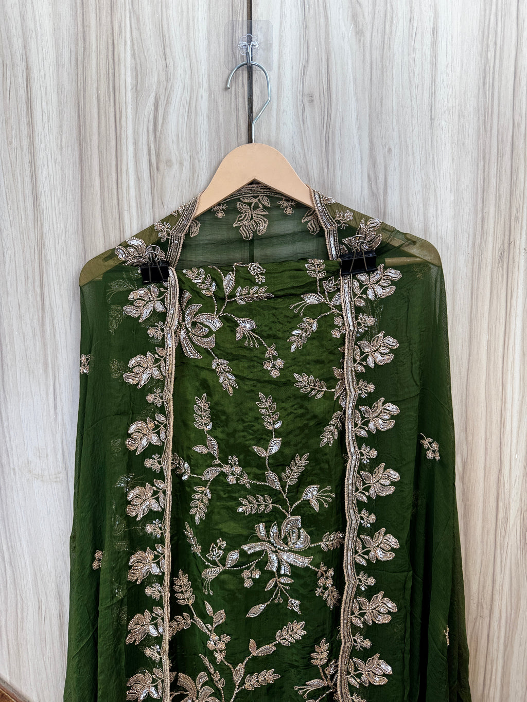 Bottle Green Zari Floral Embroidered Chinon Unstitched Suit Set