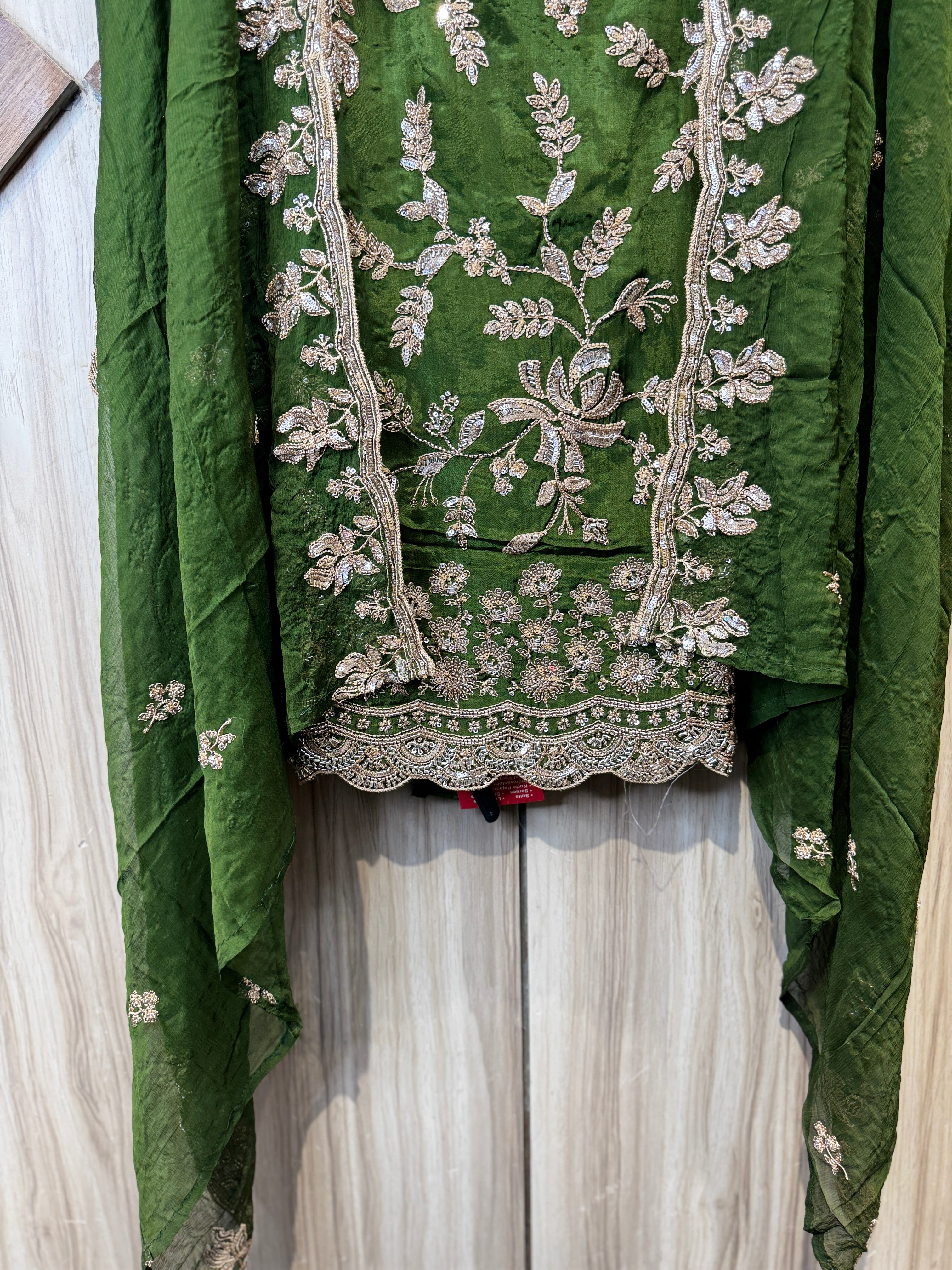 Bottle Green Zari Floral Embroidered Chinon Unstitched Suit Set