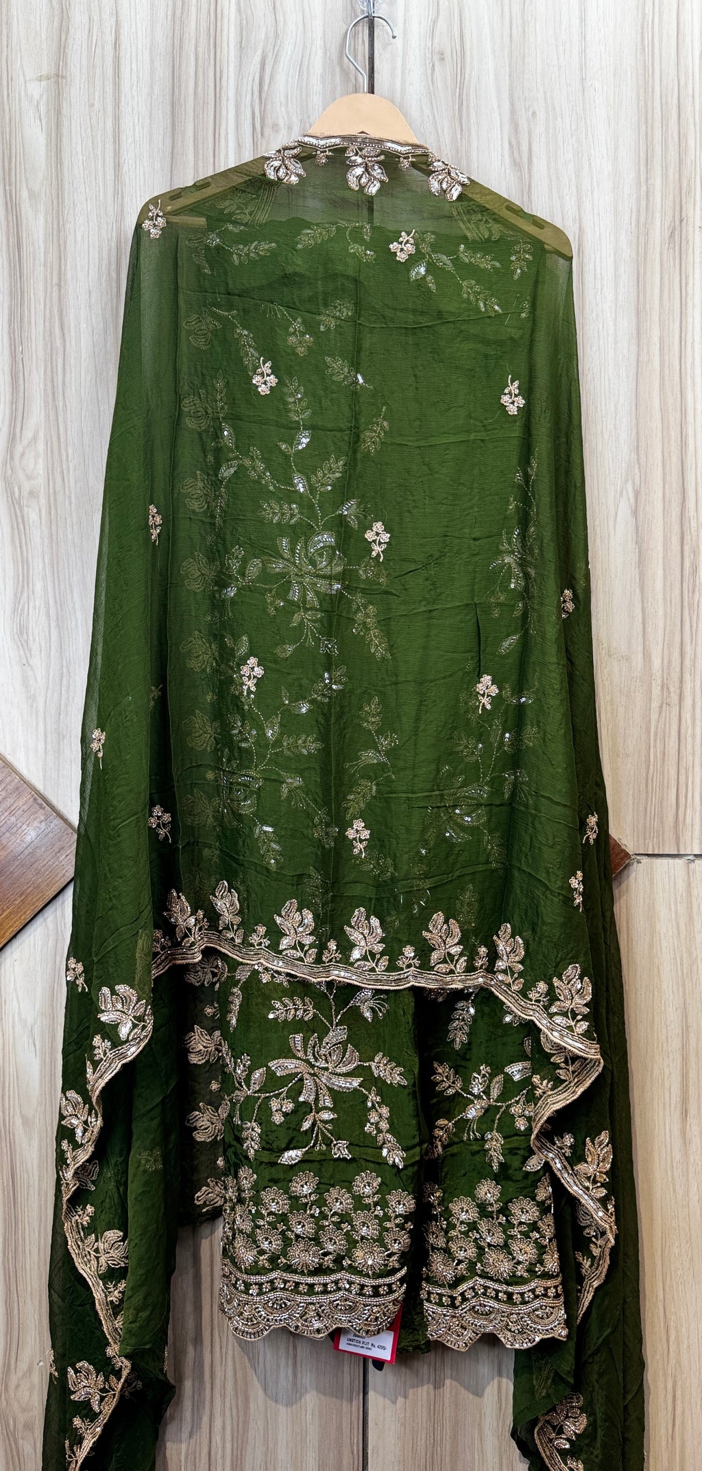Bottle Green Zari Floral Embroidered Chinon Unstitched Suit Set