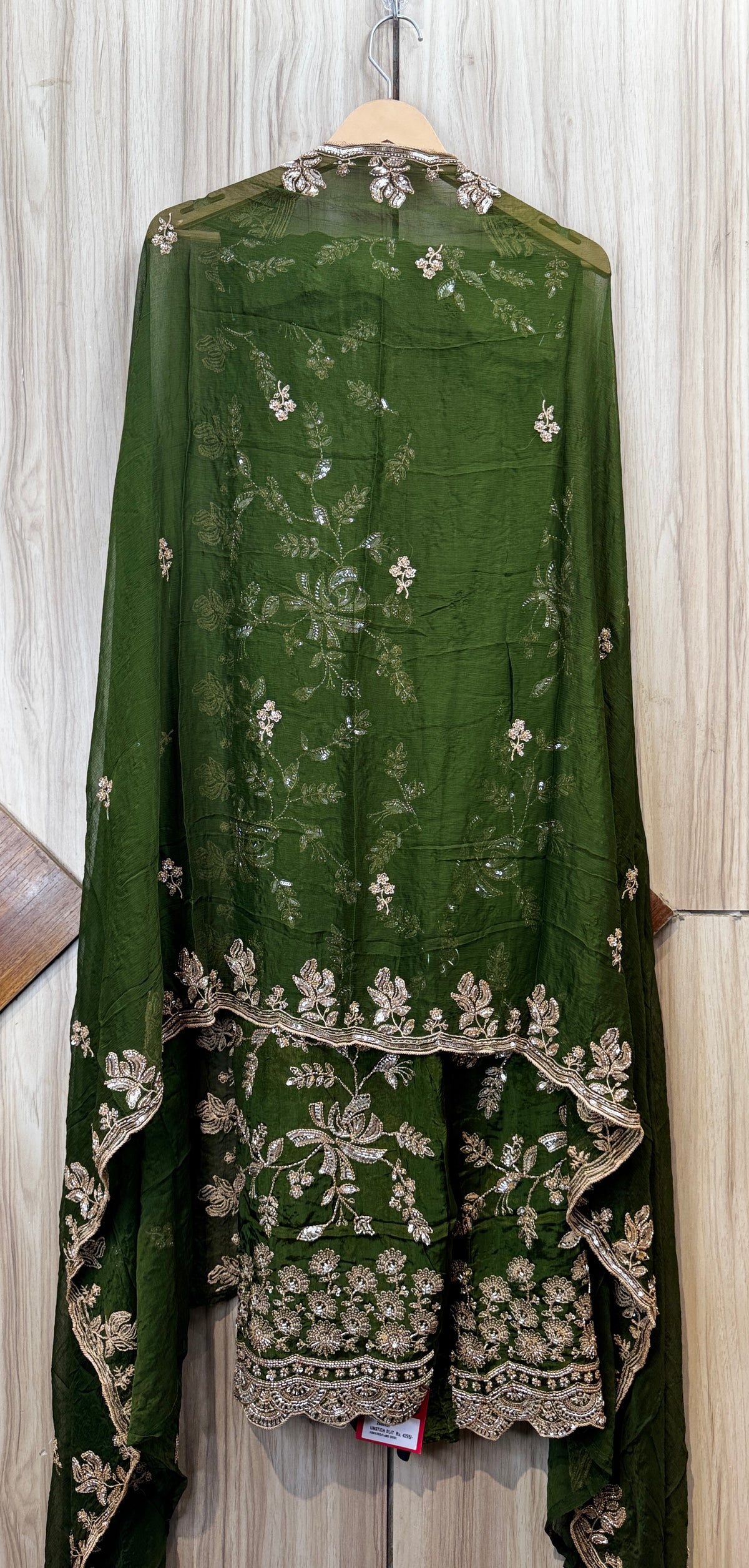 Bottle Green Zari Floral Embroidered Chinon Unstitched Suit Set