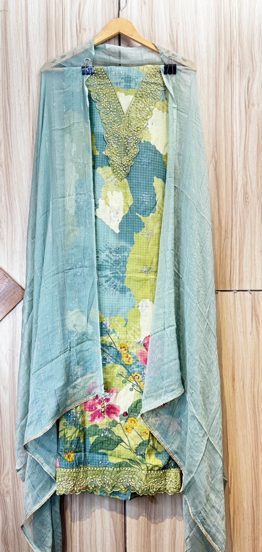 Powder Blue Floral  Unstitched Suit Set