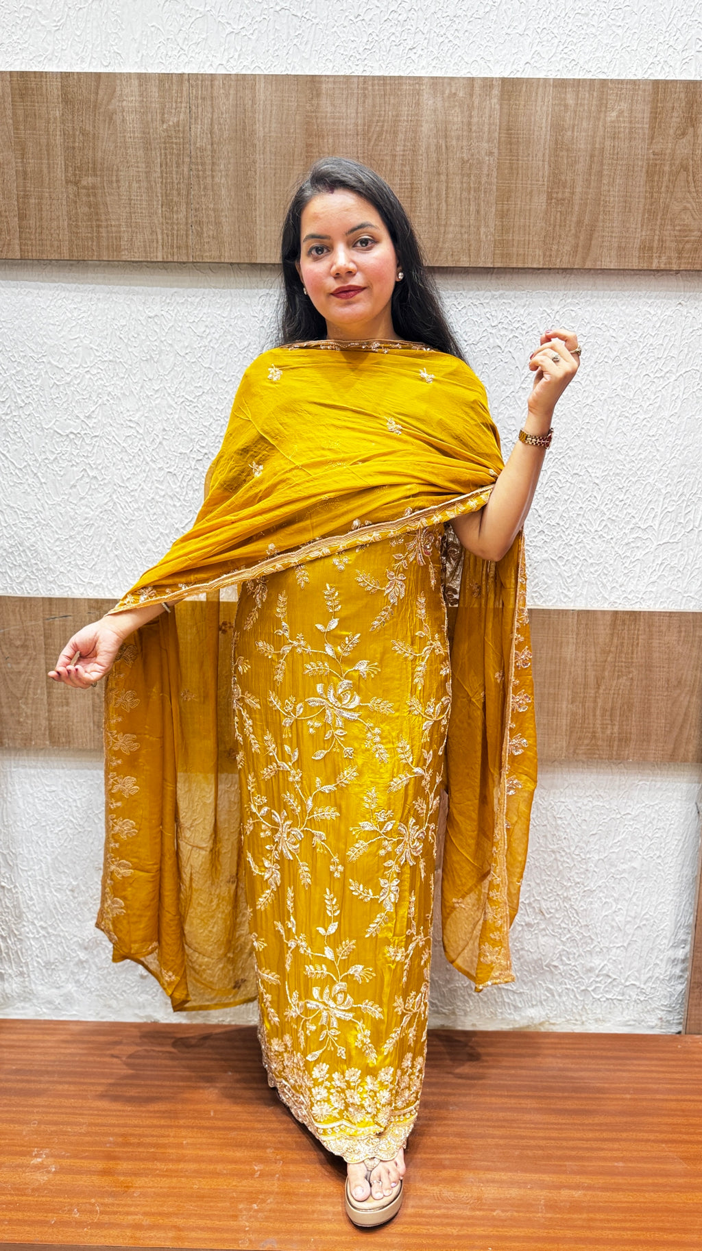 Mustard Yellow Zari Floral Embroidered Chinon Unstitched Suit Set