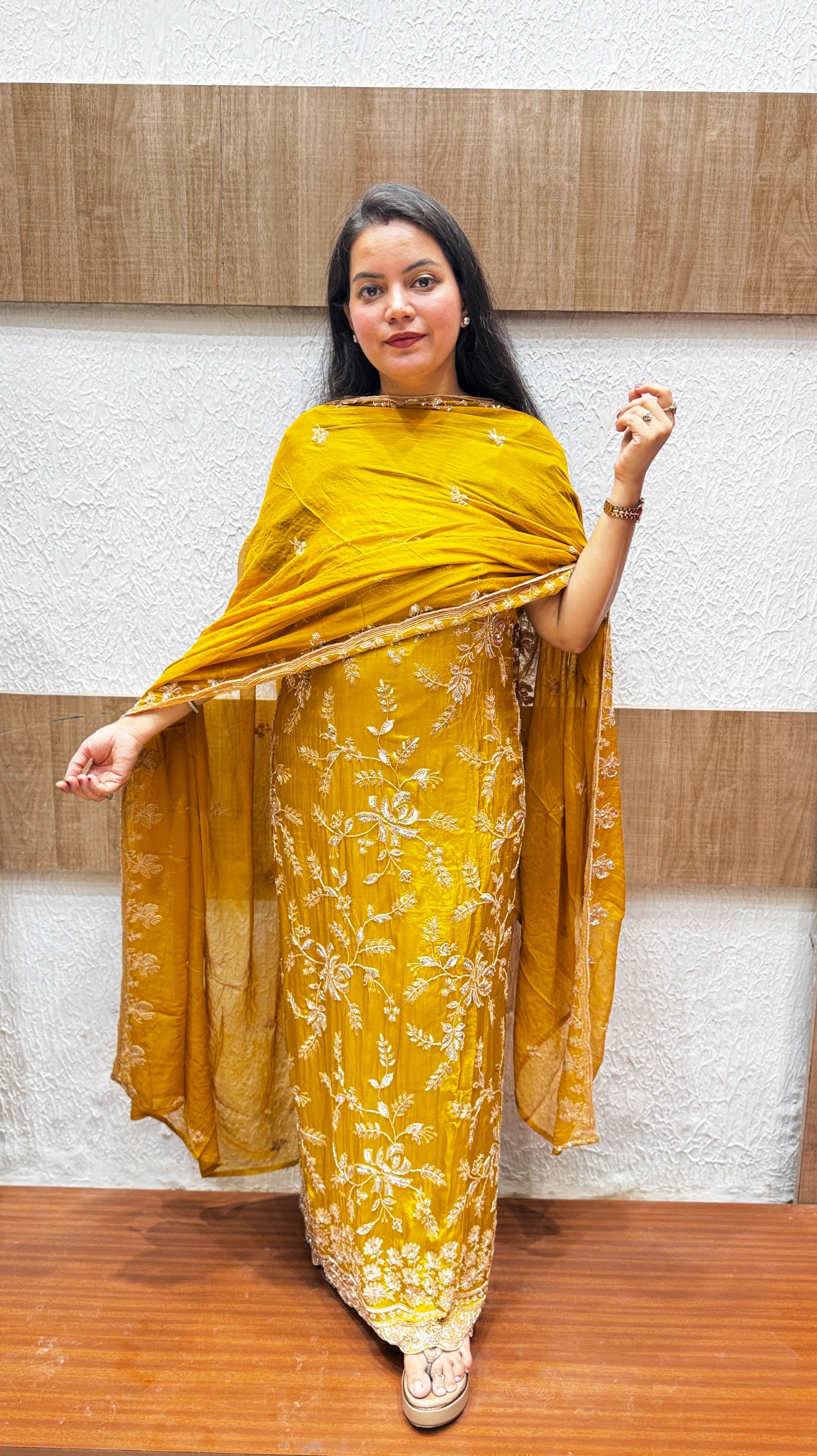 Mustard Yellow Zari Floral Embroidered Chinon Unstitched Suit Set