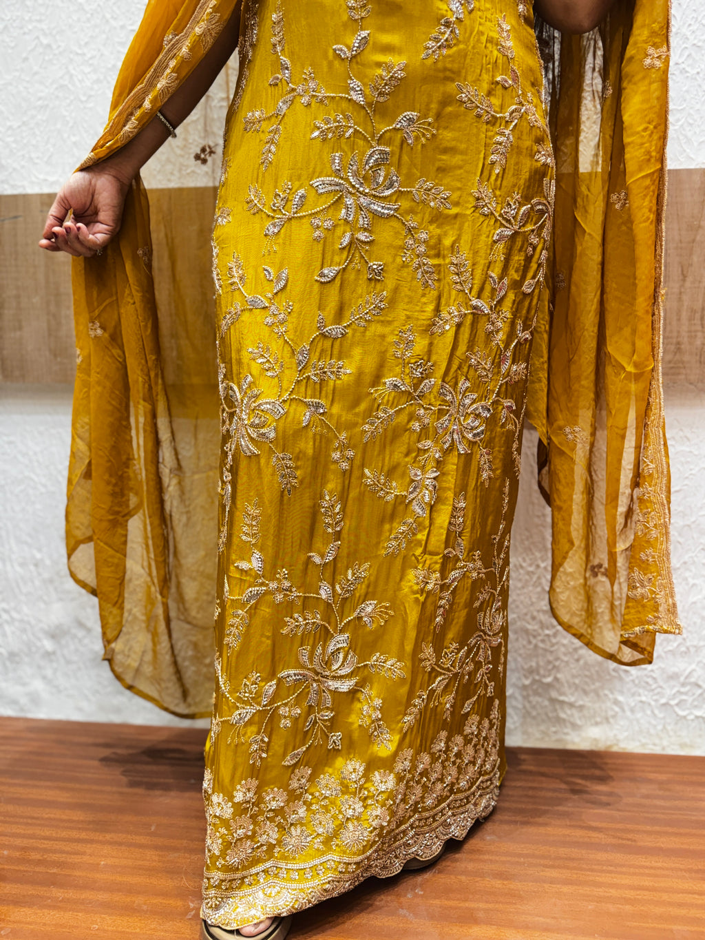 Mustard Yellow Zari Floral Embroidered Chinon Unstitched Suit Set