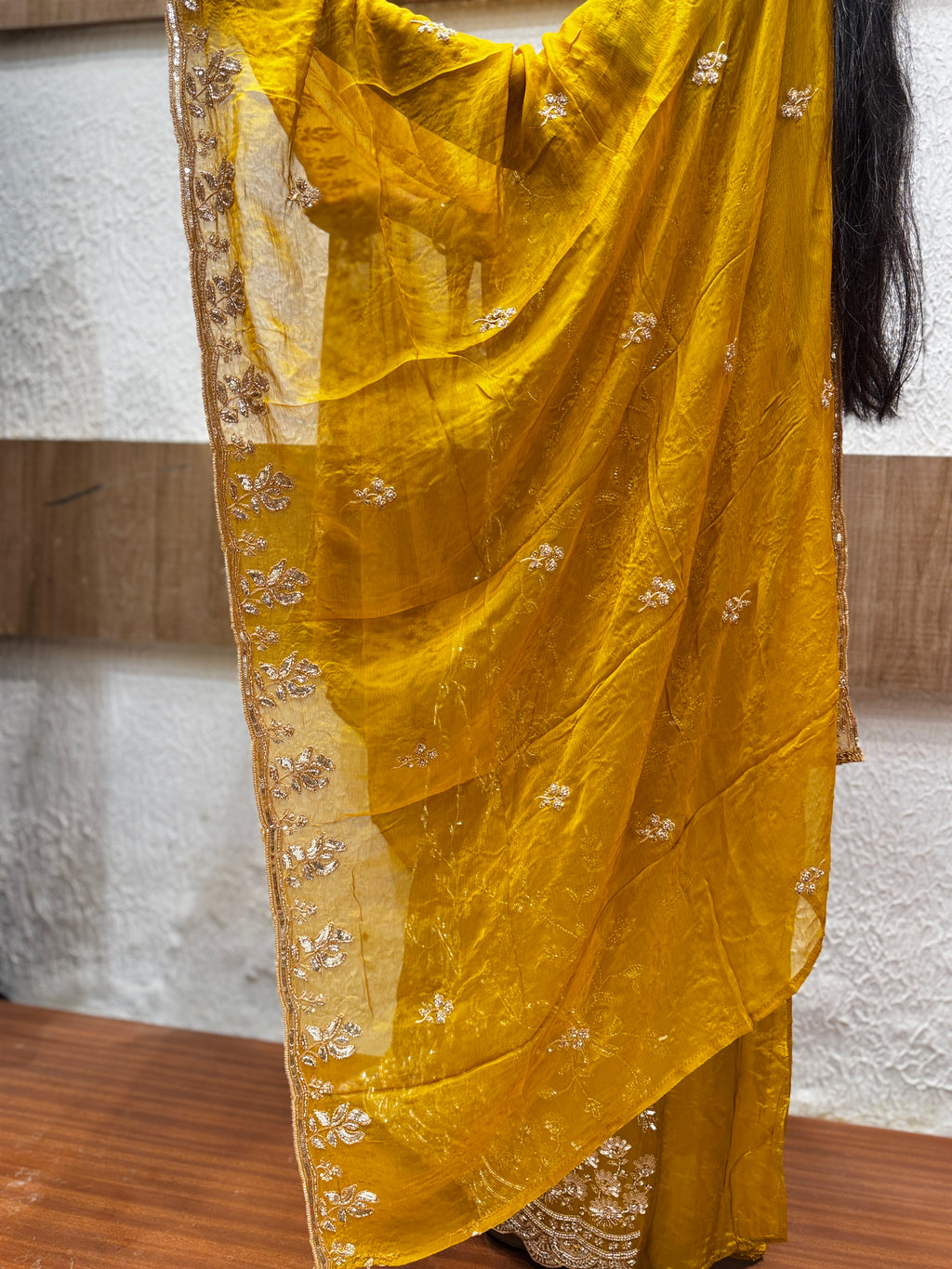 Mustard Yellow Zari Floral Embroidered Chinon Unstitched Suit Set