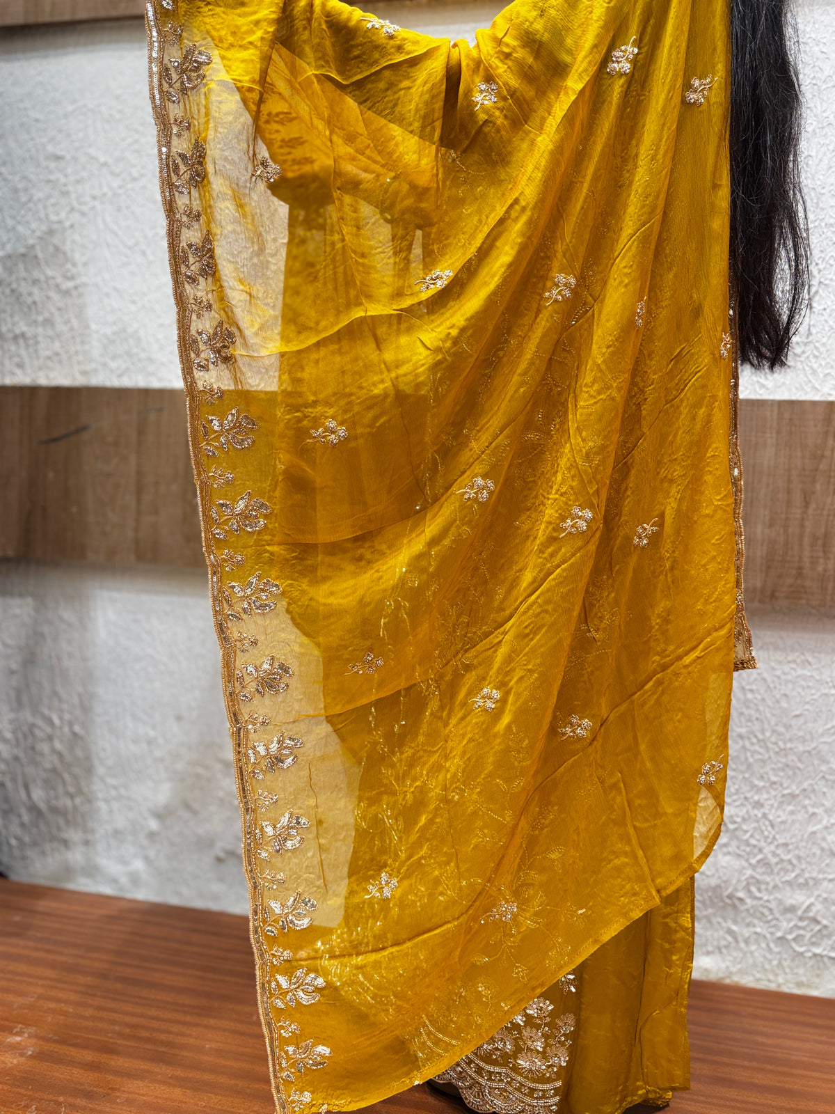 Mustard Yellow Zari Floral Embroidered Chinon Unstitched Suit Set