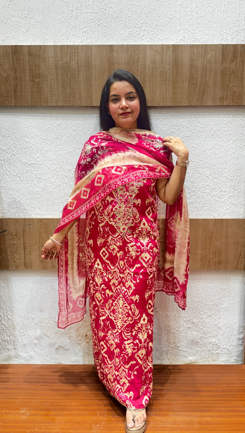 Rani Pink  Printed Embellished Unstitched Cotton Suit Set