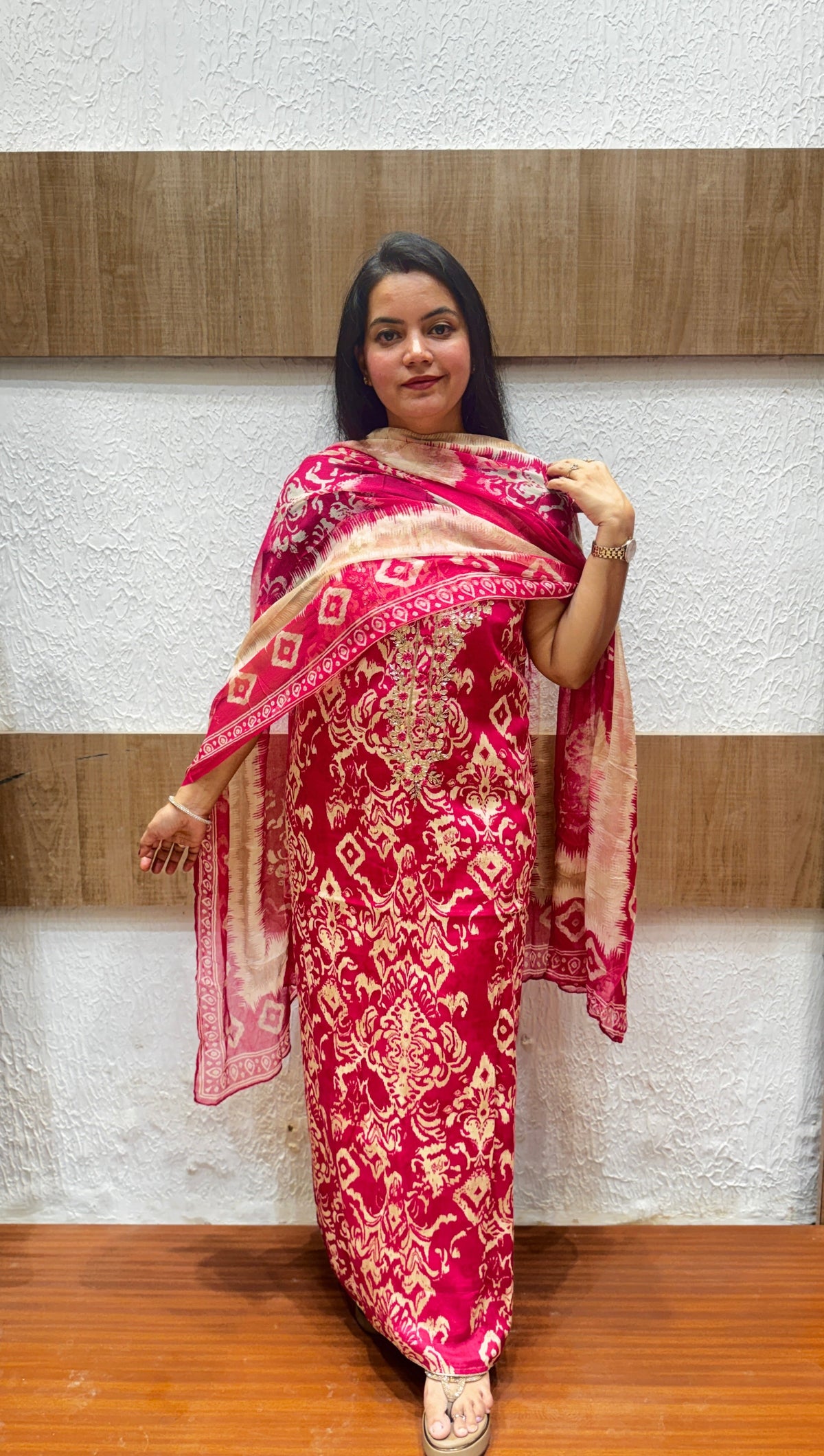 Rani Pink  Printed Embellished Unstitched Cotton Suit Set