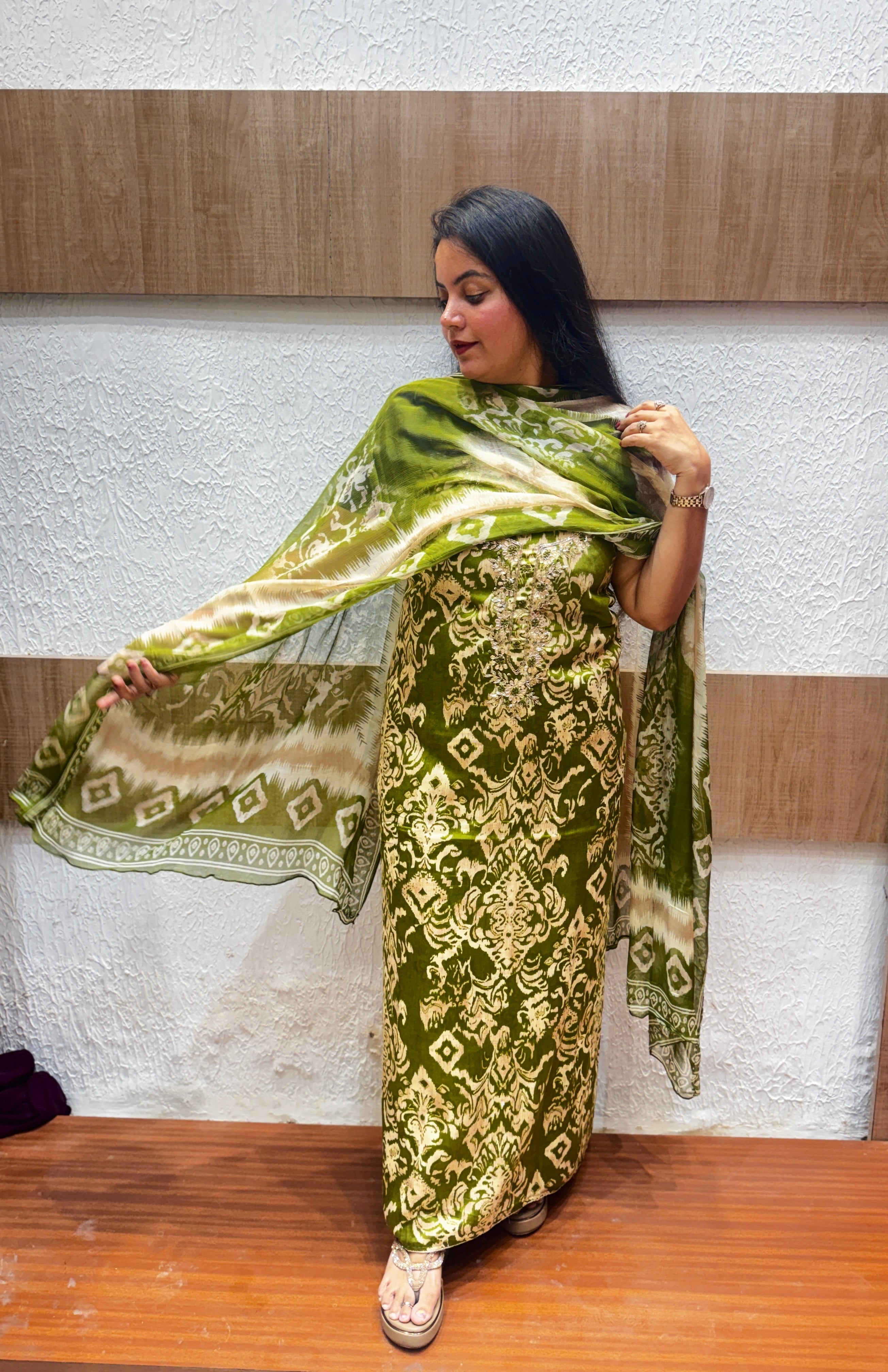 Olive Green Printed Embellished Unstitched Cotton Suit Set