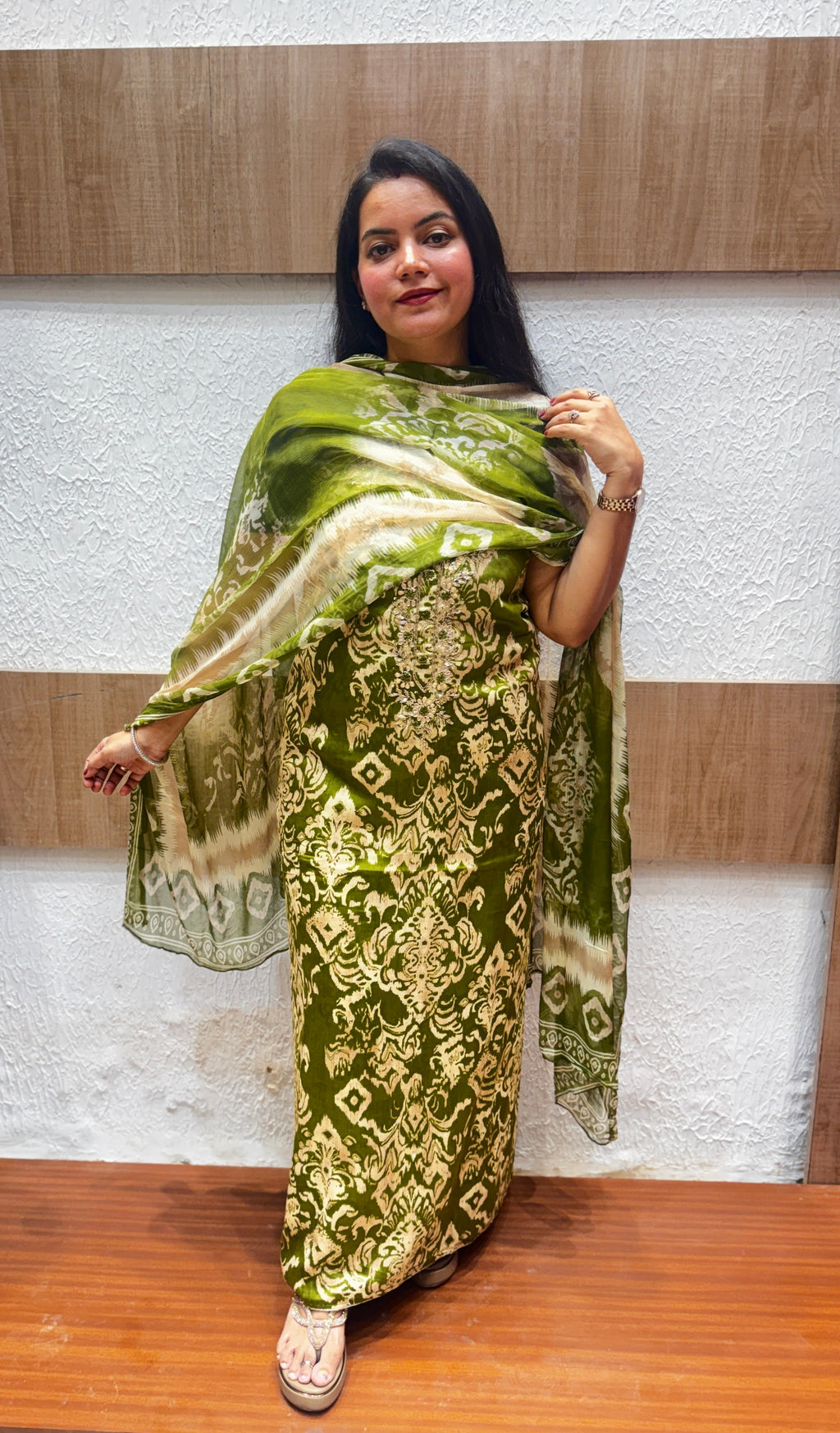 Olive Green Printed Embellished Unstitched Cotton Suit Set