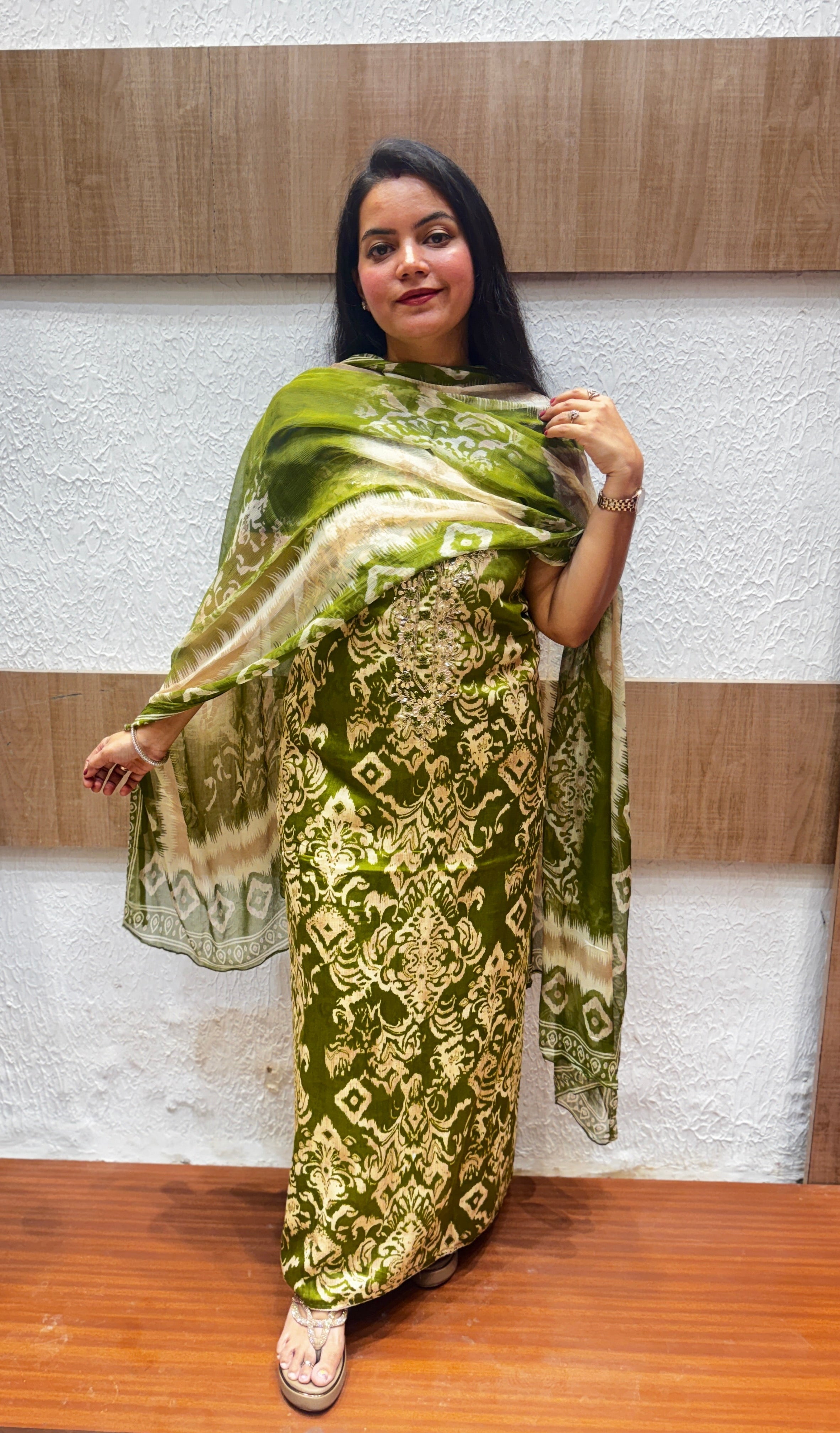 Olive Green Printed Embellished Unstitched Cotton Suit Set