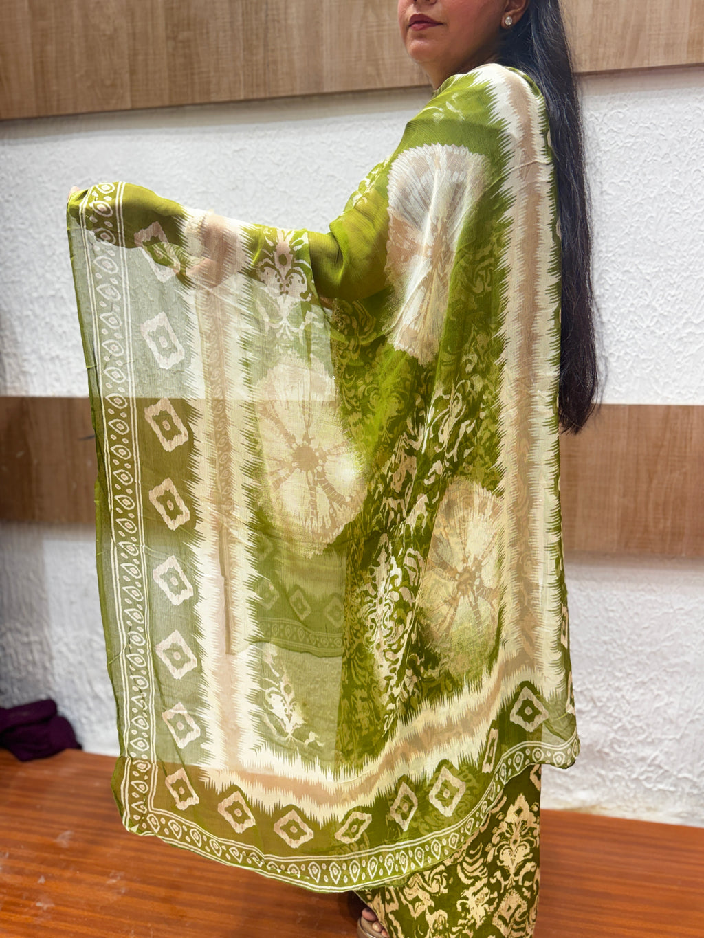 Olive Green Printed Embellished Unstitched Cotton Suit Set