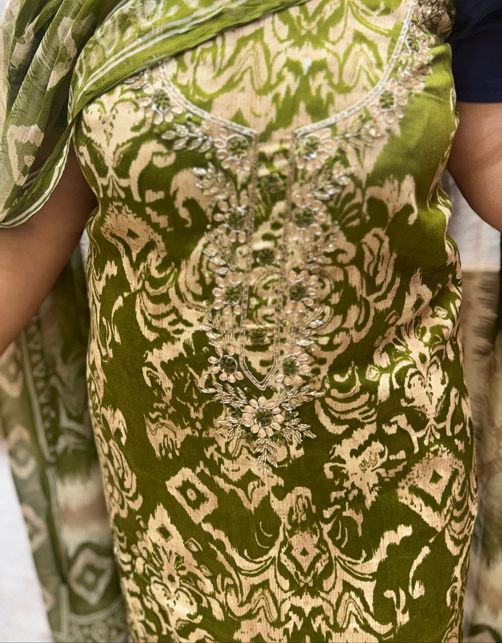 Olive Green Printed Embellished Unstitched Cotton Suit Set