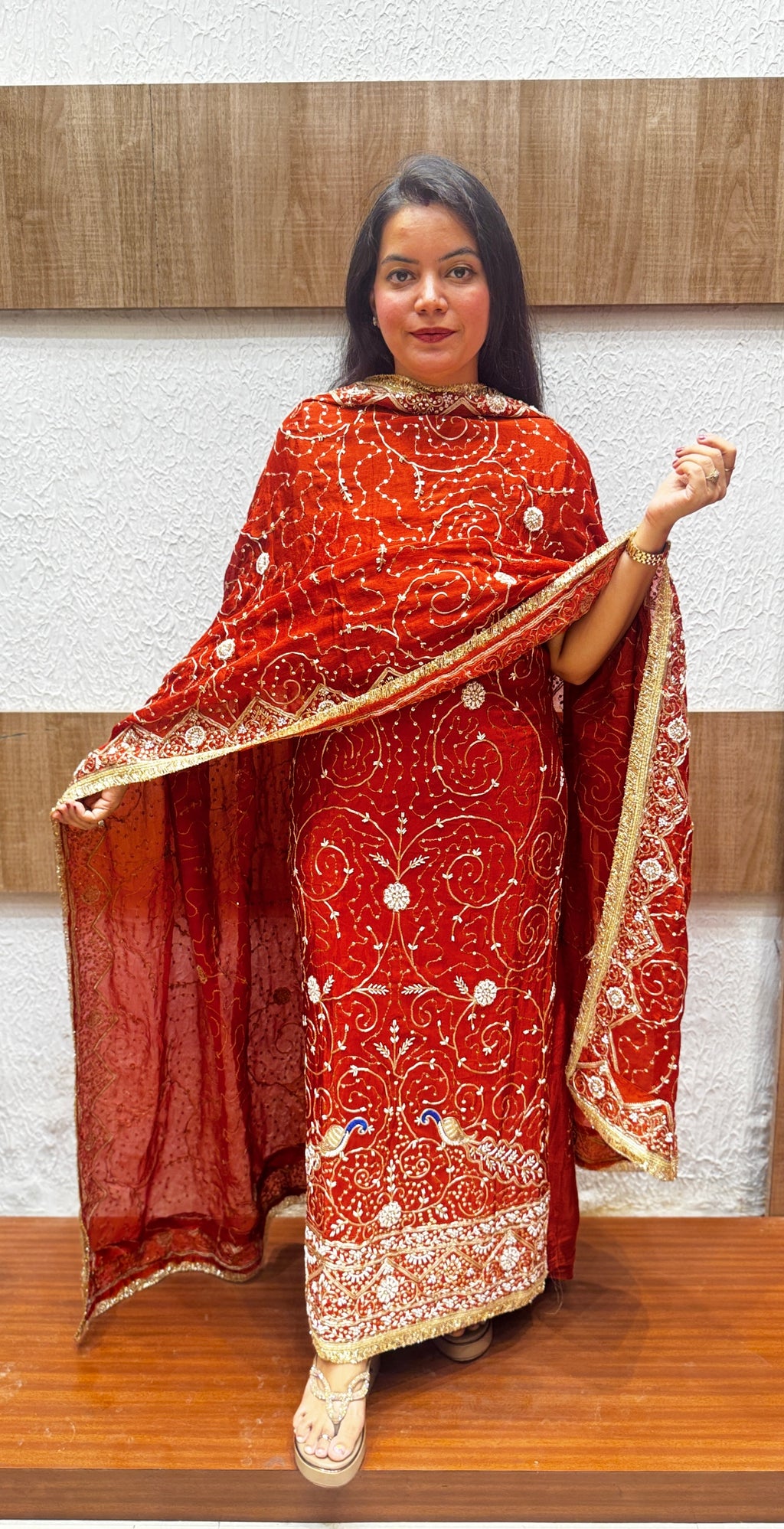 Rust Orange Zari & Sequin Embroidered Unstitched Suit Set