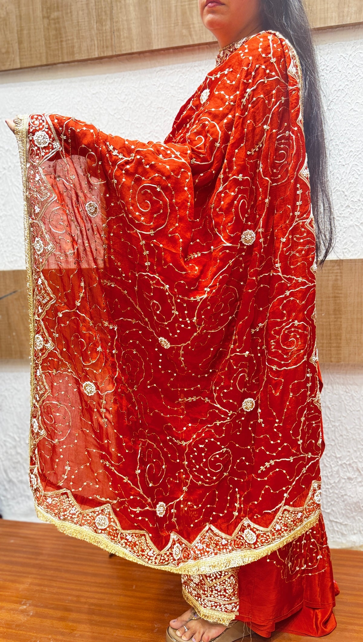 Rust Orange Zari & Sequin Embroidered Unstitched Suit Set