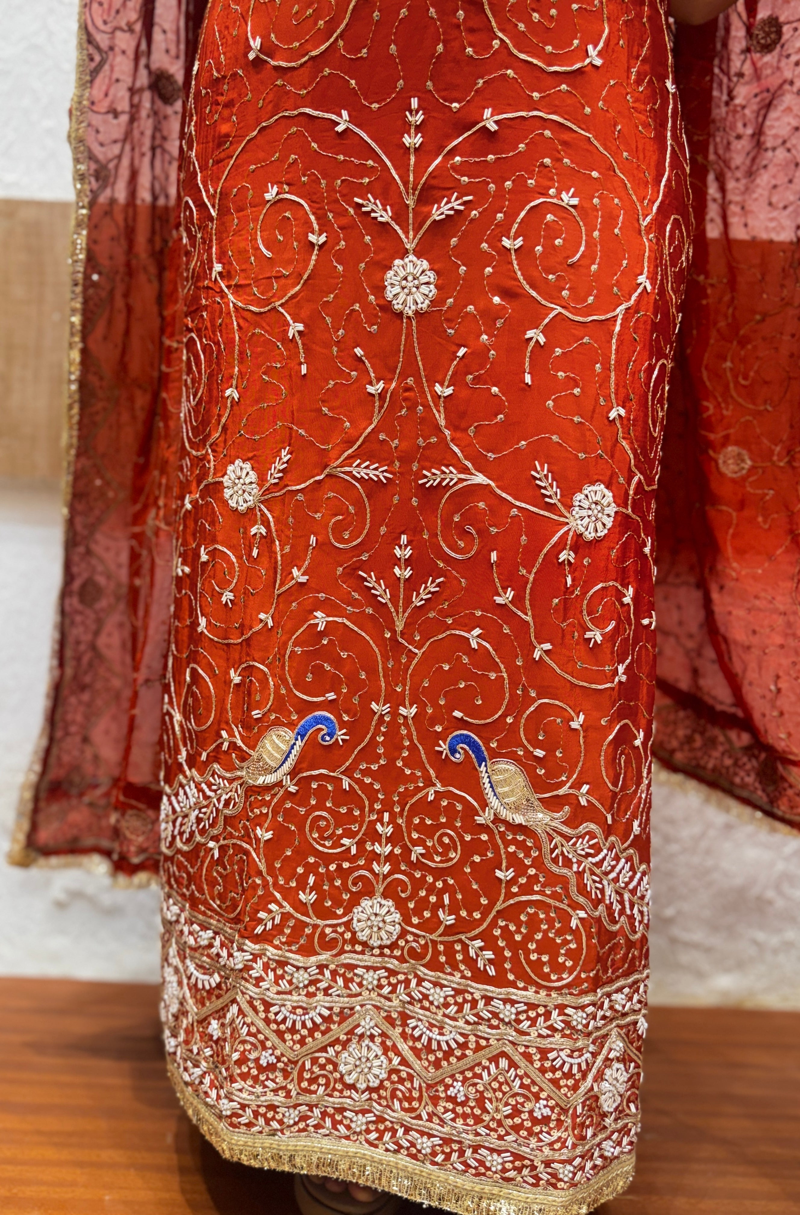 Rust Orange Zari & Sequin Embroidered Unstitched Suit Set