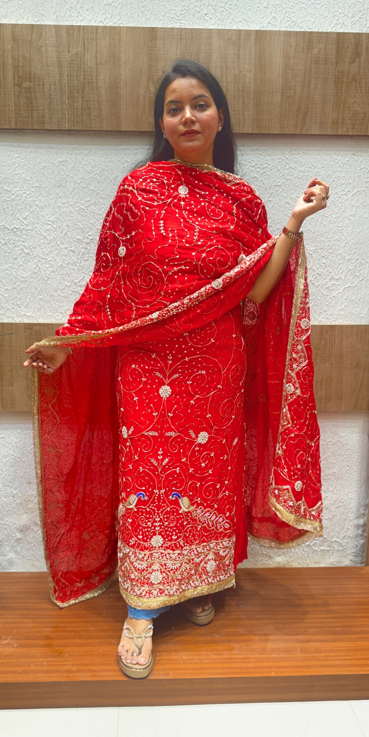 Red Zari & Sequin Embroidered Unstitched Suit Set
