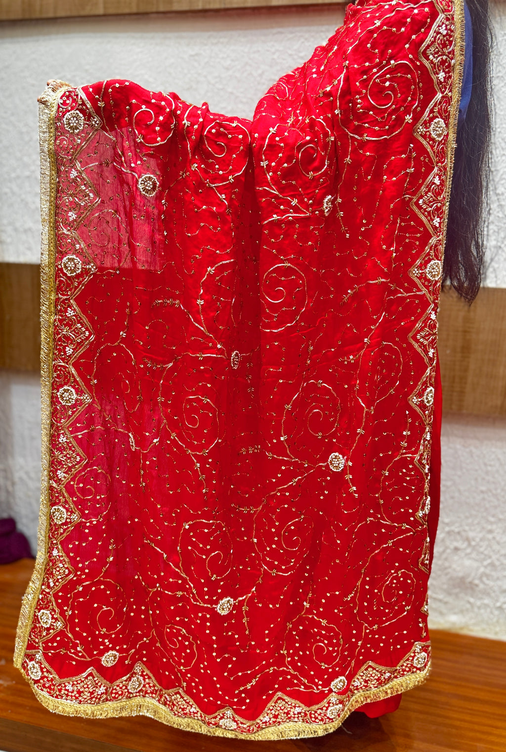 Red Zari & Sequin Embroidered Unstitched Suit Set