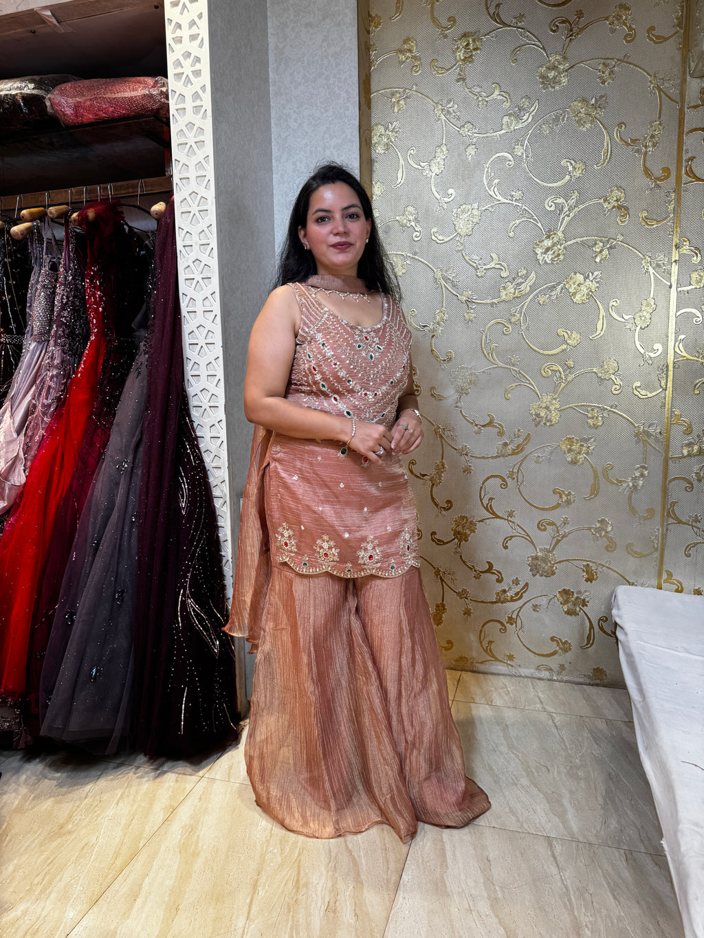 Rose Gold Peach Embellished Sharara Set with Matching Potli