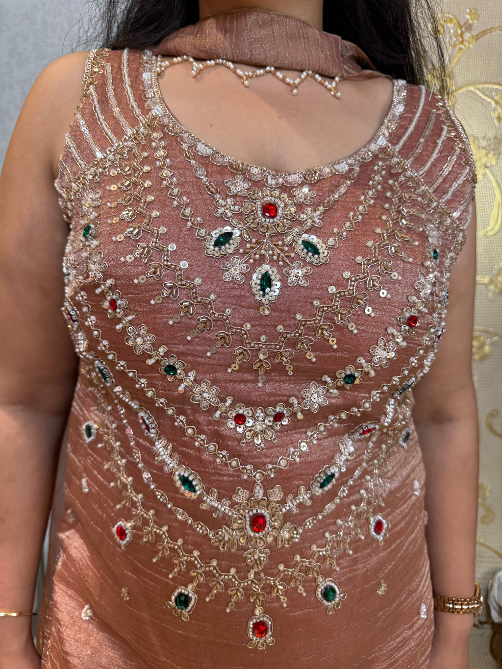 Rose Gold Peach Embellished Sharara Set with Matching Potli