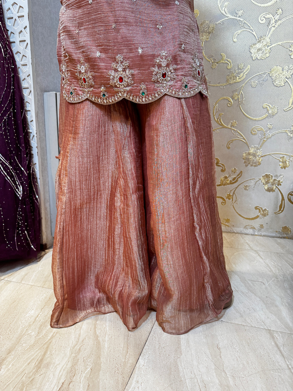 Rose Gold Peach Embellished Sharara Set with Matching Potli