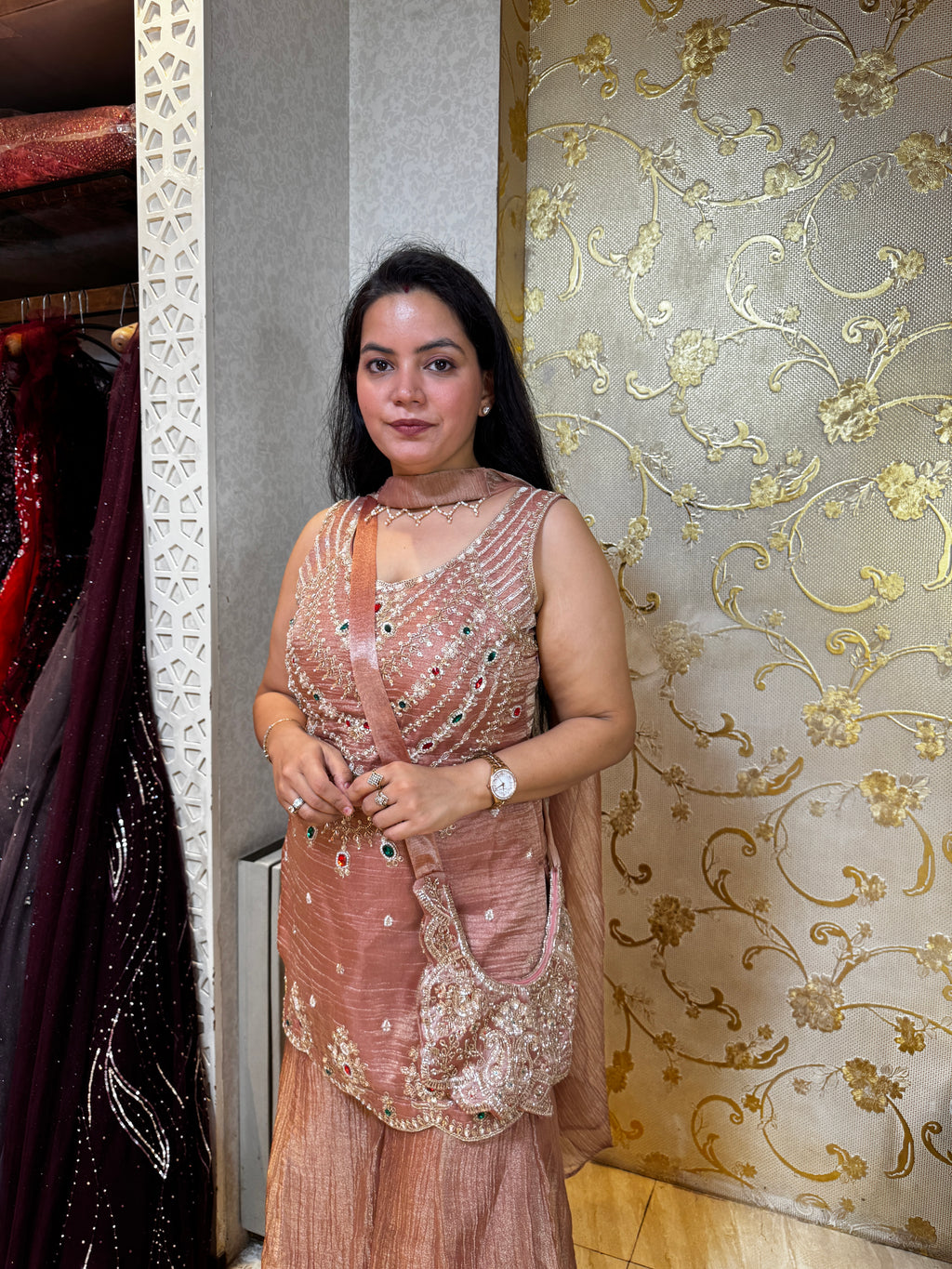 Rose Gold Peach Embellished Sharara Set with Matching Potli