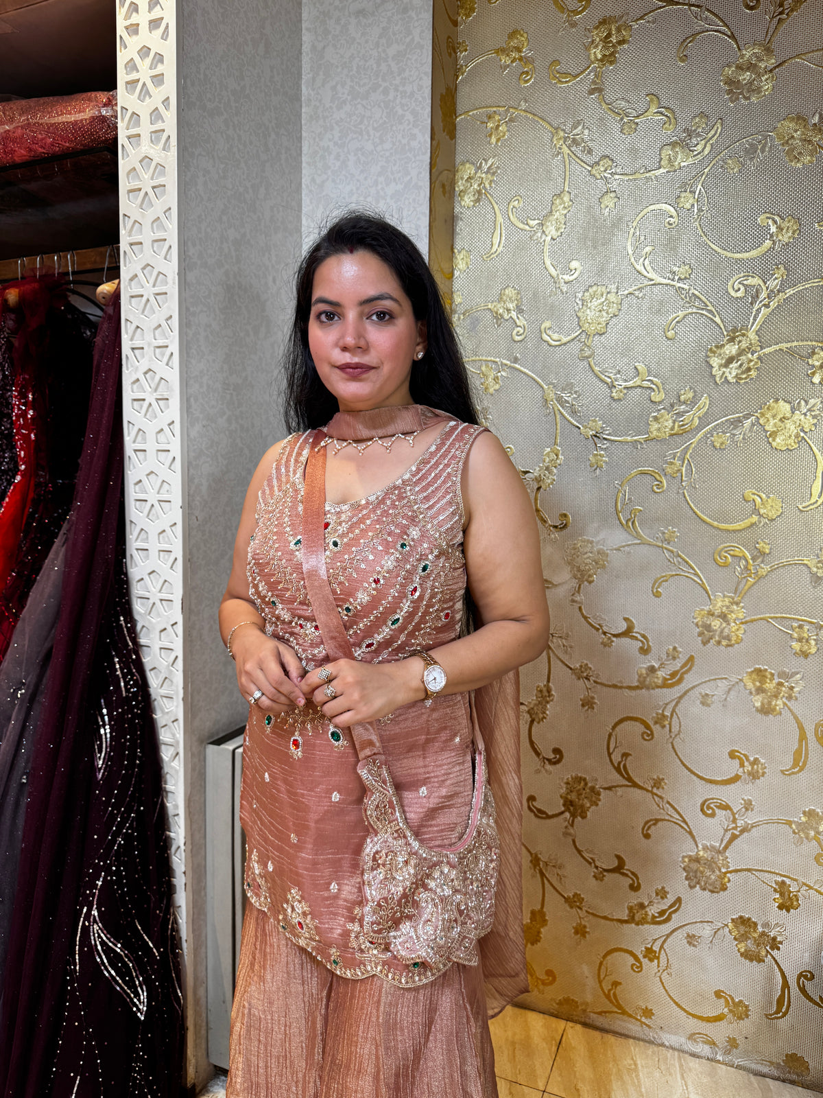 Rose Gold Peach Embellished Sharara Set with Matching Potli