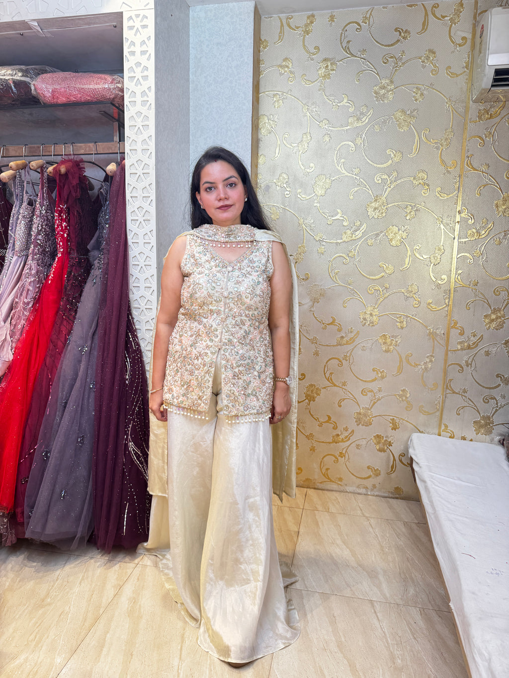 Ivory Pearl Embellished Organza & Tissue Silk Palazzo Set