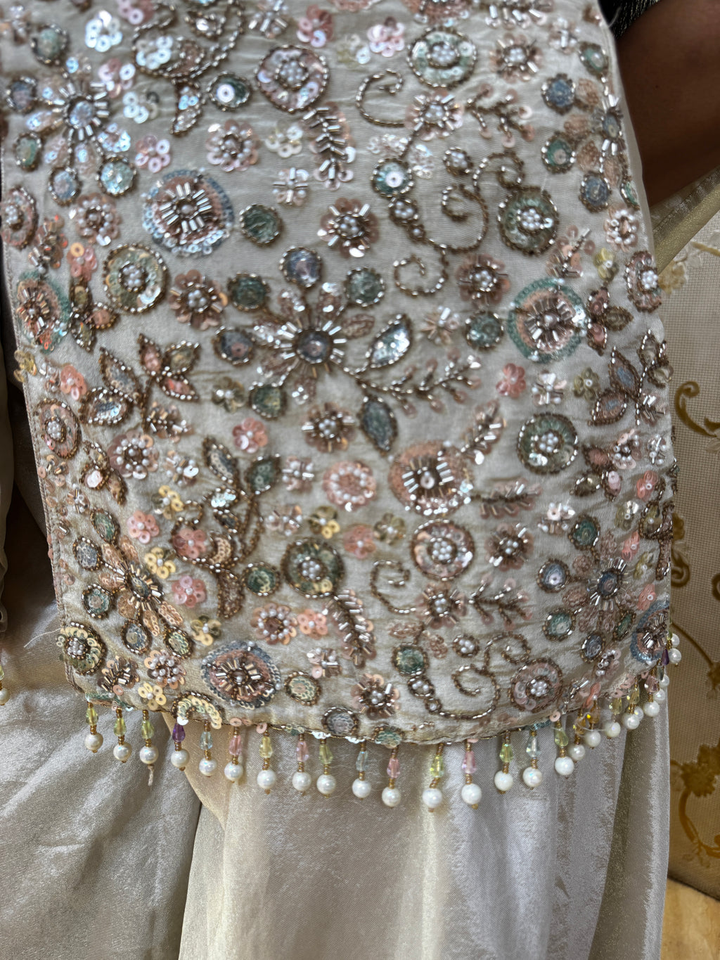 Ivory Pearl Embellished Organza & Tissue Silk Palazzo Set