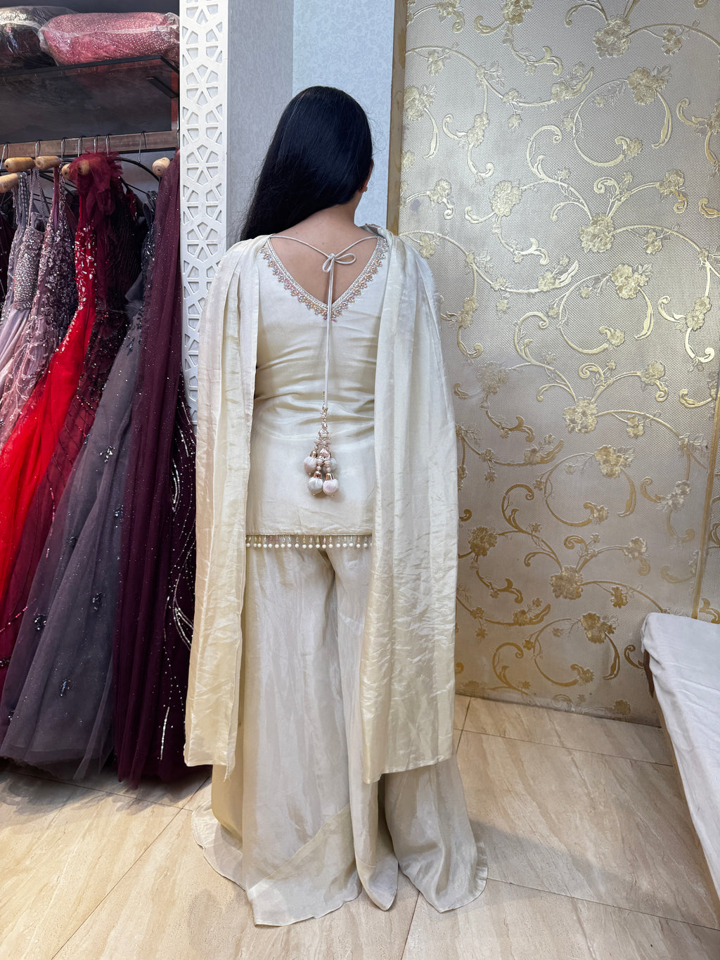 Ivory Pearl Embellished Organza & Tissue Silk Palazzo Set