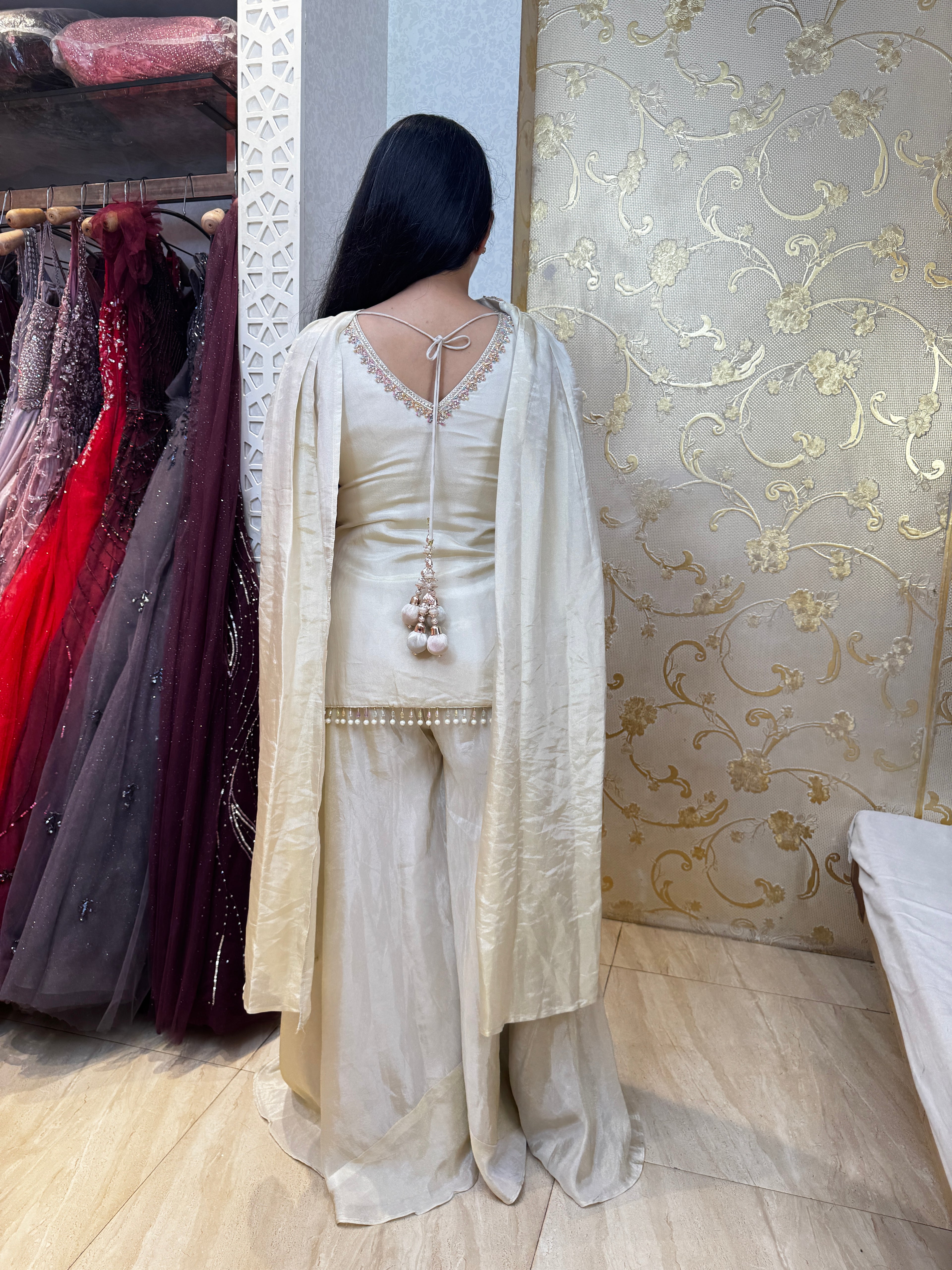 Ivory Pearl Embellished Organza & Tissue Silk Palazzo Set