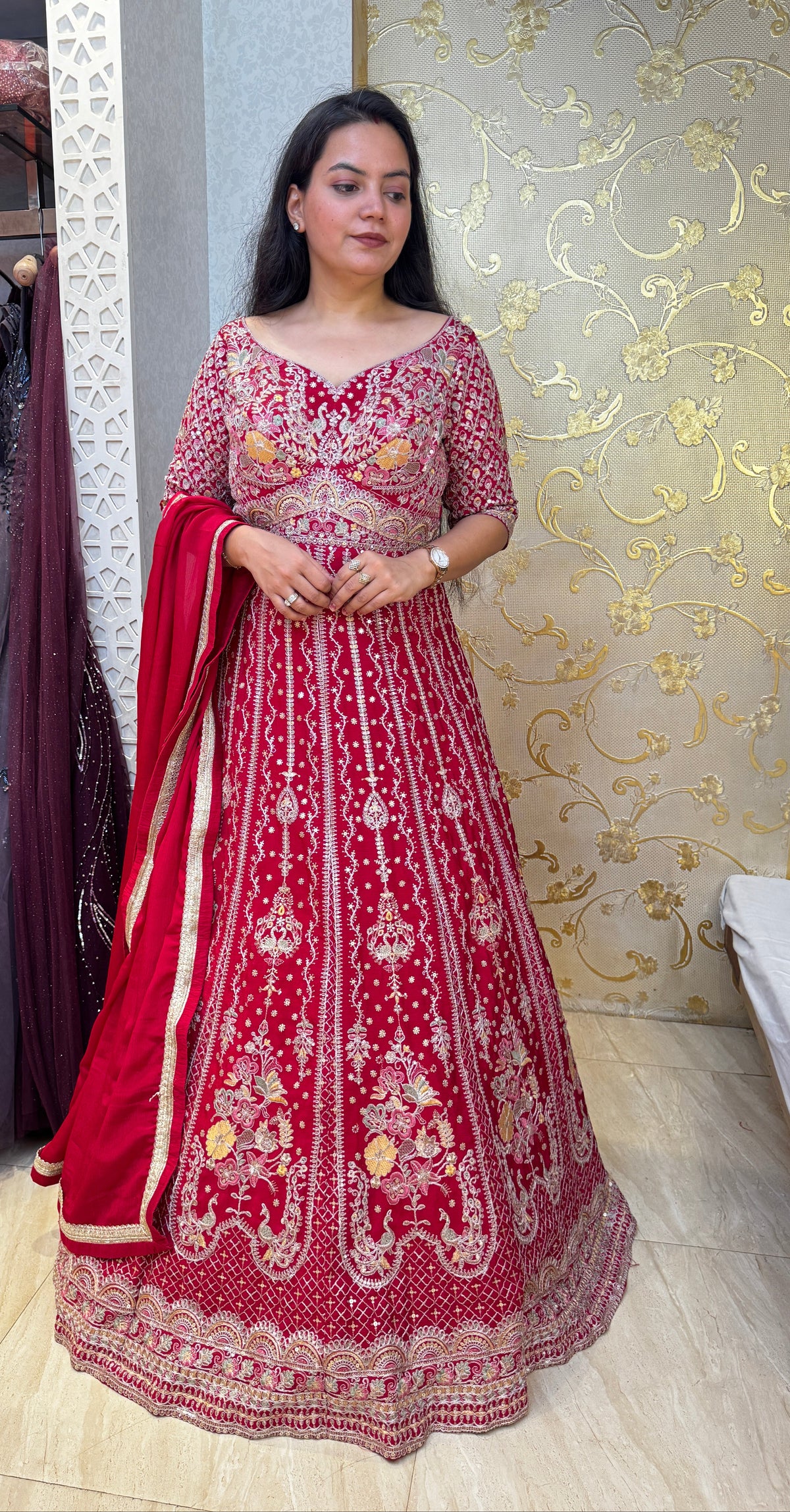 Crimson Red Zari & Sequin Embroidered Anarkali  Set