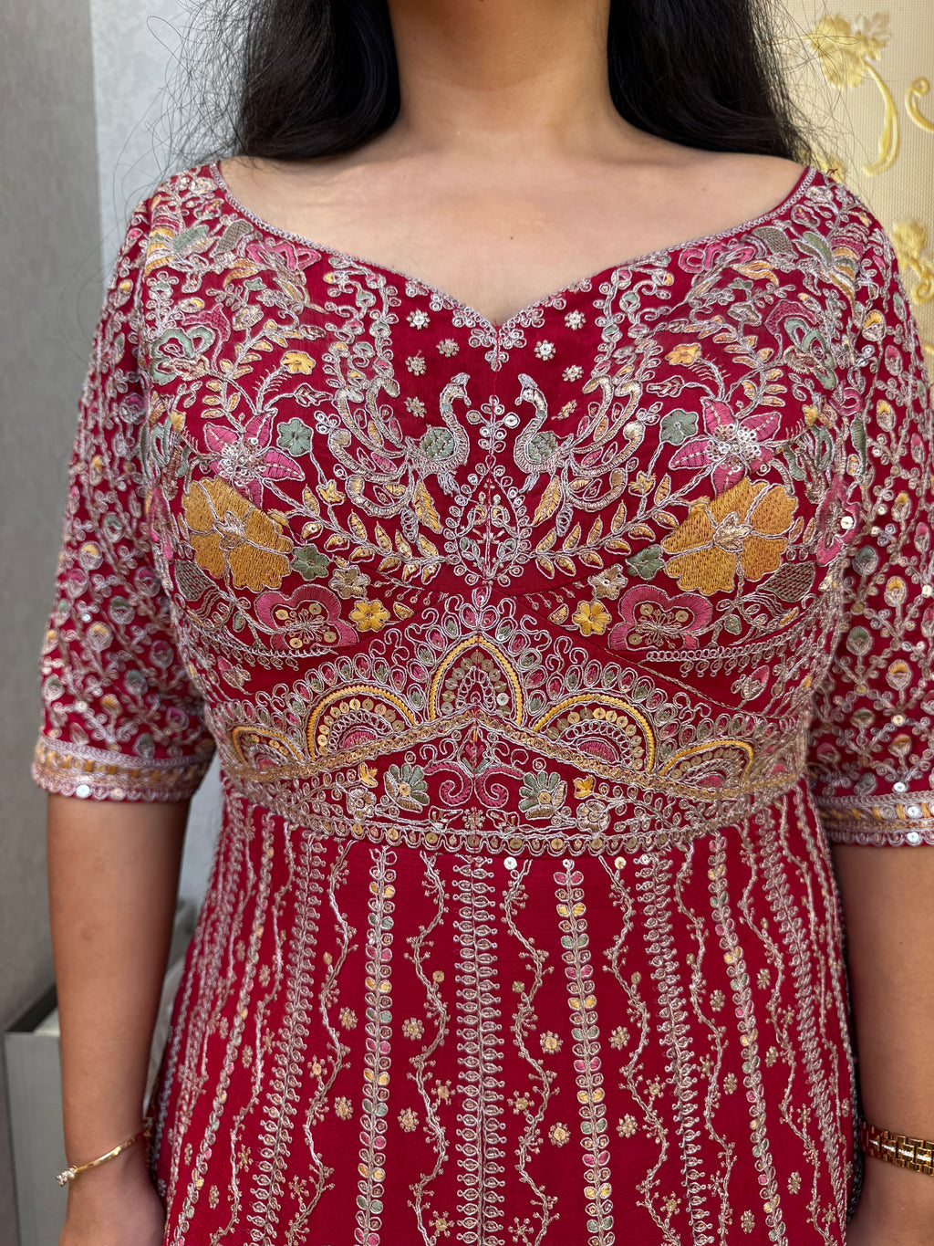 Crimson Red Zari & Sequin Embroidered Anarkali  Set