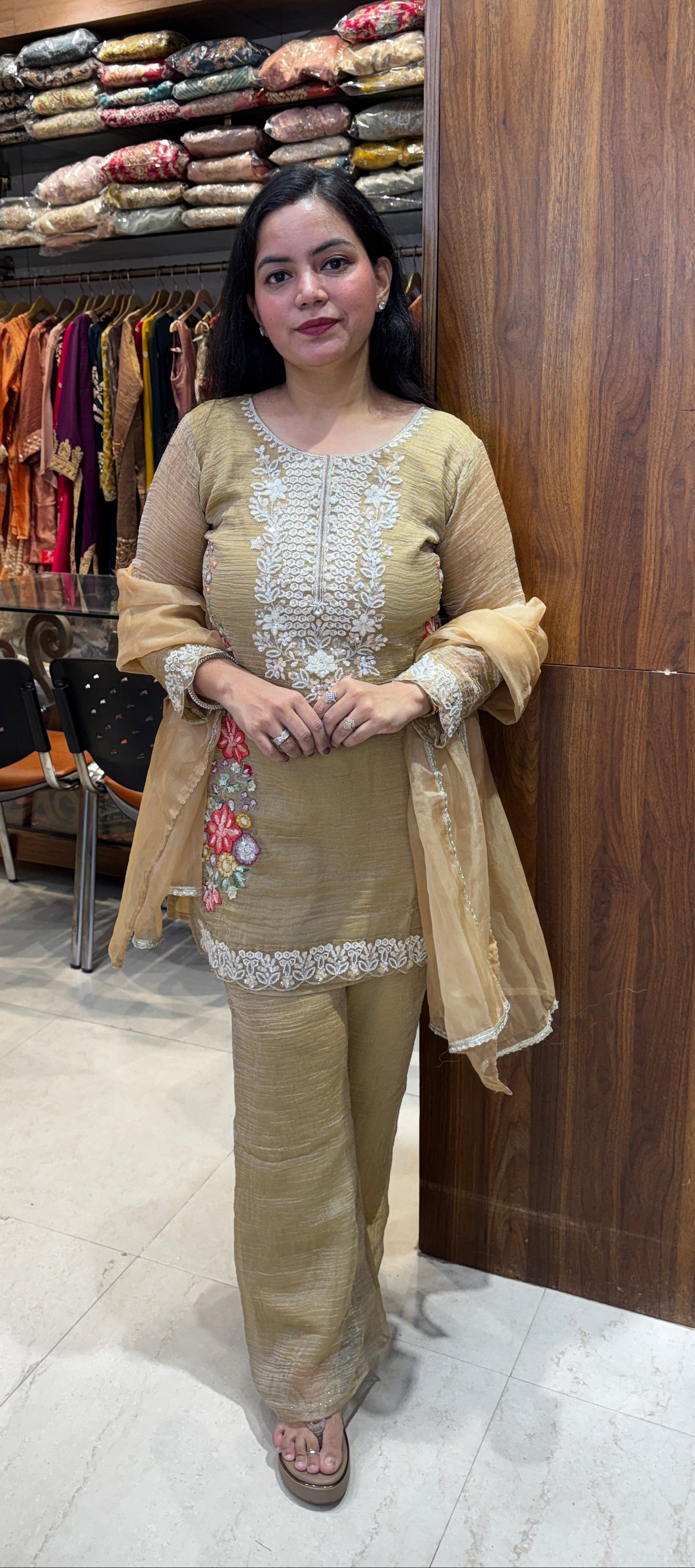 Champagne Bloom Embroidered Palazzo Suit Set