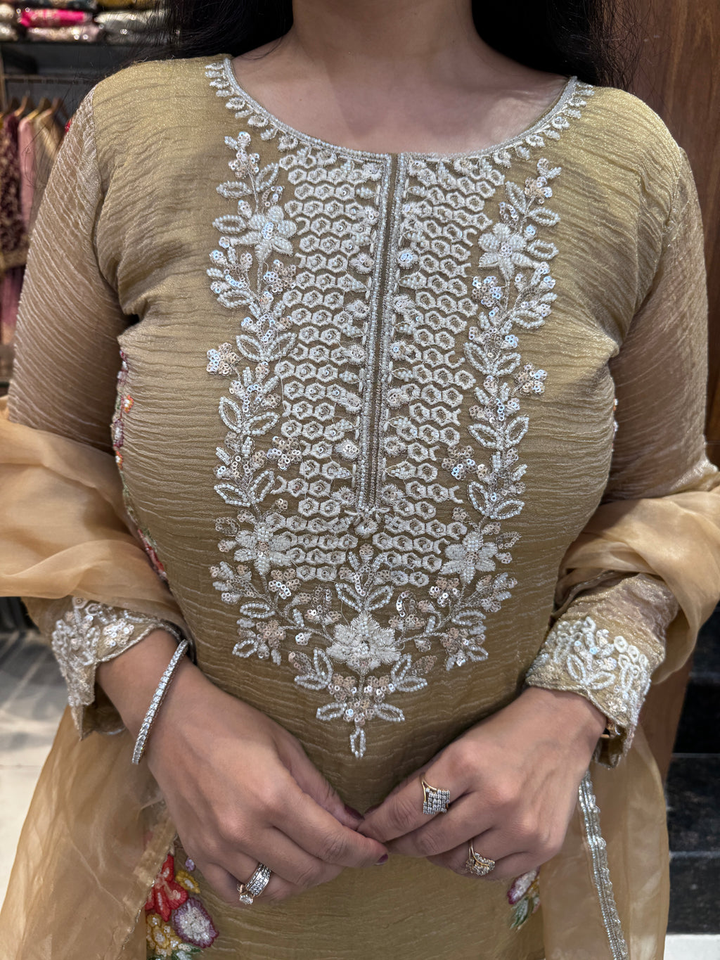 Champagne Bloom Embroidered Palazzo Suit Set