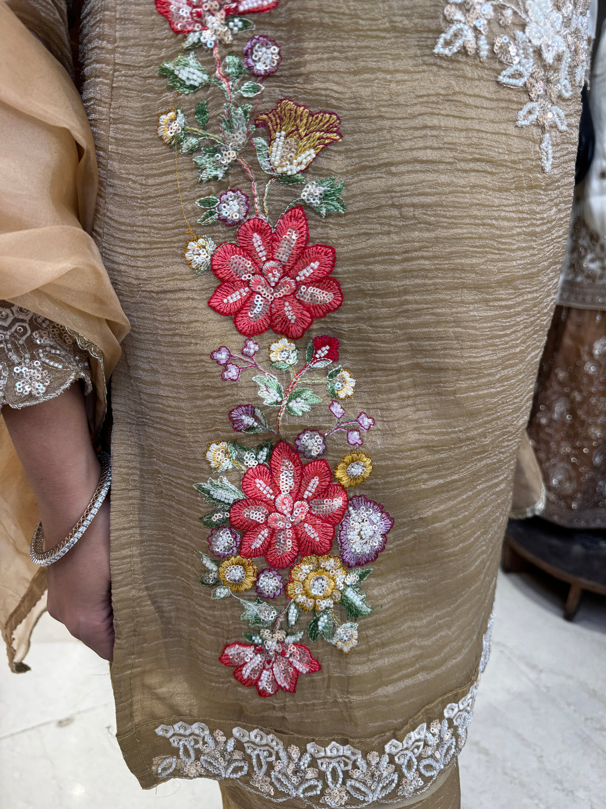 Champagne Bloom Embroidered Palazzo Suit Set