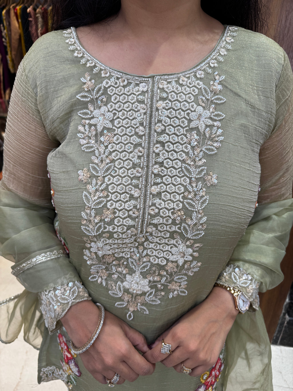 Sage Bloom Embroidered Palazzo Suit Set